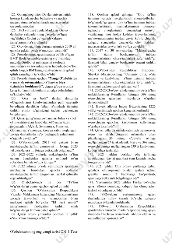 ug‘bek yili deb e’lon qilingan yil va allomaning 600 yilligi nishonlangan sananani toping. 60. 1996 yil yurtimizda amir temurning necha yillik yubleyi nishonlandi? 61. quydagi allomalarning ularning nishonlangan yubley yoshlari bilan to’g’ri keltirilgan javobni toping. 62. al farg’oniy 2. at termiziy 3. imom buxoriy 4. zamaxshariy 5. najmiddin kubro 6. bahouddin naqshband 7. xoja axror valiy a. 1225 y b. 1200 y c. 920 y d. 1200 y e. 850 f. 675 y g. 600 y 63. toshkentda amir temur haykali qachon ochildi? 64. 1996 yil qaysi shaharlarda amir temur haykallari ochildi? 65. jizzax shahrida qaysi adiblarga bag’ishlangan haykallar majmuasi bunyod qilindi? 66. “atoqli adib va yozuvchi sharof rashidov tavalludining 100 yilligini nishonlash to‘g‘risida”gi prezident qarori qachon qabul qilindi? 67. qachon sharof rashidov tavallud topgan kun u to‘g‘ilib o’sgan jizzaxda keng nishonlandi? 68. qaysi sanada imzolangan prezident qaroriga asosan samarqand, toshkent va qarshida islom karimovga haykal o‘rnatildi? 69. ellikqal’ali tumanida …
