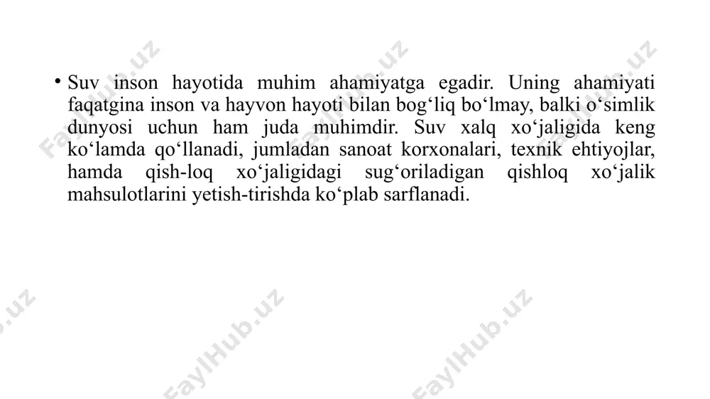 tirish choralari ko‘rilishi bilan kasallanish keskin kamayib ketadi. o‘zbekiston respublikasi hududidagi suv manbalari ochiq daryolar ko’llar suv omborlari kanallar yopiq artizan suvlari sizot suvlari buloq suvlari yer osti suvlari har xil chuqurliklarda joylashgan, shuning uchun ularning quyidagi turlari mavjud: yuzaki suvlar – joylashgan chuqurligi 0,5-1 metrgacha. bu man-balar yer sathiga yaqin joylashgan suv o‘tkazmaydigan qatlam ustida bo‘lib, atmosfera yog‘inlari hisobiga hosil bo‘ladi. bunday suv tarkibida tuproqdan yuvilib o‘tgan iflosliklar mikroorganizmlar, kimyoviy moddalar bo‘ladi, shuning uchun gigiyenik nuqtai-nazardan yuzaki suvlar xo‘jalik-ichimlik ta’minoti uchun foydalanishga yaroqsiz hisoblanadi. bunday suvlar xorazm, buxoro, qoraqalpog‘iston viloyatlarida uchrashi mumkin. bu tumanlardagi aholi o‘rtasida muntazam ravishda hattoki juda tiniq bo‘lsa ham ichish uchun yaroqsiz ekanligi haqida tushuntirish ishlarini olib borishni toqazo etadi. sizot suvlar – yer ostidagi bir necha gorizont (qavatlar)da joylashishi mumkin, ularning chuqurligi esa 5-30 m ni tashkil qiladi. bu manbalar ham atmosfera yog‘inlari hisobiga hosil bo’ladi, biroq qalin yer qatlami orqali sizilib o‘tishi jarayonida …