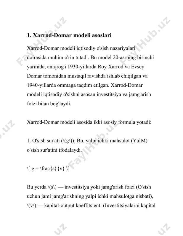 o'sishni uchta asosiy omil orqali tushuntiradi: jamg'arish darajasi, kapital maqsad koeffitsienti va iqtisodiy o'sish sur'ati. bu omillar bir-biriga bog'liq holda iqtisodiy o'sishni belgilaydi. modelda asosiy vazifa iqtisodiy o'sishni optimal darajada ta'minlashdir, bunda ishlab chiqarish omillari samarali foydalaniladi. 1. jamg'arish darajasi (s): jamg'arish darajasi iqtisodiy rivojlanishda muhim omildir, chunki u sarmoya darajasi bilan bevosita bog'liqdir. xarrod-domar modelida jamg'arish darajasi yuqori bo'lsa, iqtisodiy o'sish sur'ati ham yuqori bo'lishi kutiladi. jamg'arishning yuqori darajasi yangi sarmoyalarni moliyalashtirish imkonini beradi va ishlab chiqarishni rivojlantirishga xizmat qiladi. 2. kapital maqsad koeffitsienti (v, yoki icor - incremental capital output ratio): bu koeffitsient yangi kapitalning bir birlik qo'shimcha ishlab chiqarish yaratish uchun zarur bo'lgan miqdorini ifodalaydi. xarrod-domar modelida icor qancha kichik bo'lsa, iqtisodiy o'sish sur'ati shuncha samaraliroq bo'lishi mumkin. masalan, agar icor 3 ga teng bo'lsa, demak, har bir qo'shimcha ishlab chiqarish birlik uchun uch birlik kapital talab qilinadi. bu ko'rsatkich jamg'arma samaradorligini aks ettiradi. 3. iqtisodiy o'sish …