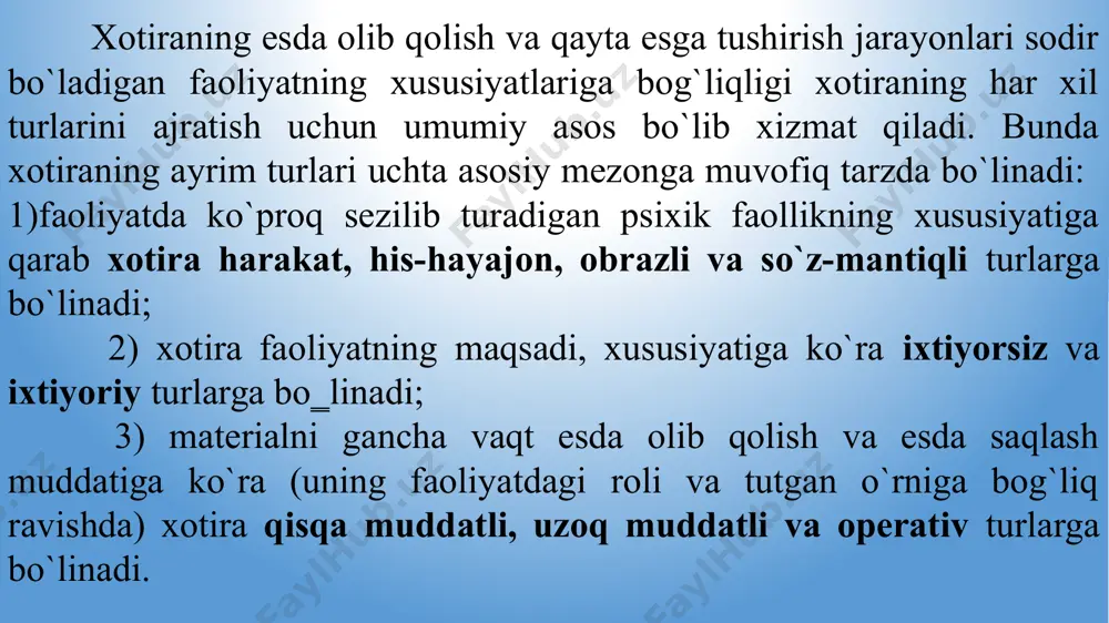 dor va uni muvaffaqiyatli amalga oshirish uchun zarur bo`lgan ma‘lumotlarni eslab qolish, esda saqlash va keyinchalik yana xotirada qayta tiklash xususiyatlarini ifodalovchi xislat». biz sezgan, idrok qilgan narsalar iz qoldirmasdan yo'qolib ketmaydi, balki ma'lum darajada esda saqlanib qoladi va qulay sharoitda yoki kerak bo'lganda esimizga tushadi. kunlik tajribamiz shuni ko'rsatadi, esda qolgan narsalarning hammasi ham esimizga tushavermaydi, ularning bir qismi unutiladi. unutish ham xotiraga oid hodisadir. esda qolgan narsa xotira materialini, esda saqlanib turadigan va esga tushiriladigan narsa esa xotiraning mazmunini tashkil qiladi. ongimiz aks ettirgan narsalarni mustahkamlash, saqlab qolish va keyinchalik tiklashdan iborat bo'lgan aqliy faoliyat xotira deyiladi. xotira bir necha ruhiy jarayonni o'z ichiga oladi: 1. esda olib qolish; 2. esga tushirish; 3. esda saqlash va unitish. bu jarayonlarning har biri alohida mustaqil psixik xususiyat hisoblanmaydi. ular faoliyat davomida shakllanadi va o'sha faoliyat bilan belgilanadi. muayyan bir materialni esda olib qolish hayot faoliyati jarayonida individual tajriba orttirilishiga bog'liqdir. …