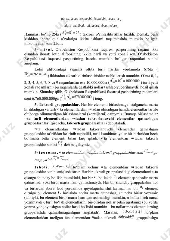 l qilish mumkin. shunday usul bilan ishni davom ettirsak, barcha mumkin bo‘lgan ()tadan takrorli o‘rinlashtirishlarni hosil qilamiz, bu yerda birorta ham ()tadan takrorli o‘rinlashtirishlar qolib ketmaydi va hech qaysi ilgari ko‘rilgan ()tadan takrorli o‘rinlashtirish qaytadan paydo bo‘lmaydi. ko‘paytirish qoidasiga asosan ta turli elementlardan ()tadan takrorli o‘rinlashtirishlar soni tadan takrorli o‘rinlashtirishlar soniga nisbatan marta ortiqdir, ya’ni . 2- misol. oila a’zolari besh kishidan iborat bo‘lib, ular ikkita ishni bajarishlari zarur (masalan, non sotib olish va uni bo‘laklash), bunda oilaning har bir a’zosi ikkala ishni ham bajarish imkoniyatiga ega. oila a’zolariga bu ishlarni taqsimlashda mumkin bo‘lgan imkoniyatlar soni aniqlansin. bu masalani hal qilish uchun oila a’zolarini , , , , va harflari bilan belgilab, ishlar ikkita bo‘lgani uchun beshta turli elementlardan ikkitadan barcha takrorli o‘rinlashtirishlarni tuzamiz: , . hammasi bo‘lib 25ta () takrorli o‘rinlashtirishlar tuzildi. demak, besh kishidan iborat oila a’zolariga ikkita ishlarni taqsimlashda mumkin bo‘lgan imkoniyatlar soni 25dir. 3- misol. o‘zbekiston …