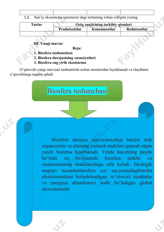 uni tushuntirish uchun monitordan foydalanadi va slaydlarni o’quvchilarga taqdim qiladi. biosfera tushunchasi biosfera darajasi sayyoramizdagi barcha tirik organizmlar va ularning yashash muhitini qamrab olgan yaxlit sistema hisoblanadi. yerda hayotning paydo bo’lishi va rivojlanishi biosfera tarkibi va strukturasining shakllanishiga olib keladi. ekologik nuqtayi nazardanbiosfera yer sayyorasidagibarcha ekosistemalarni birlashtiradigan, to’xtovsiz moddalar va energiya almashinuvi sodir bo’ladigan global ekosistemadir. “hayot qobig’i” akademik v.i. vernadskiy biosfera haqidagi ta’limotni yaratgan. “hayot qobig’i” haqidagi dastlabki fikrlar j.b. lamark nomi bilan bog’liq. biosfera atamasini birinchi bo’lib fanga 1875-yili avstraliyalik olim eduard zyuss kiritgan. zyuss eduard (1831-1914), avstraliyalik geolog. tavallud topgan joyi: london, buyuk britaniya lamark jan batist pyer antuan de mone (1744-1829), fransuz tabiatshunosi, dastlabki to’liq evolyutsion ta’limot asoschisi vladimir ivonovich vernadskiy (1863-1945), tabiatshunos olim, biosfera va noosfera ta’limoti asoschisi biosfera “biosfera geologik va biologik rivojlanishning hamda biogen va abiogen moddalarning o’zaro ta’siri natijasidir” deb ta’kidlagan.biosfera bir tomondan tirik organizmlarning yashash muhiti bo’lsa, ikkinchi tomondan esa tirik …