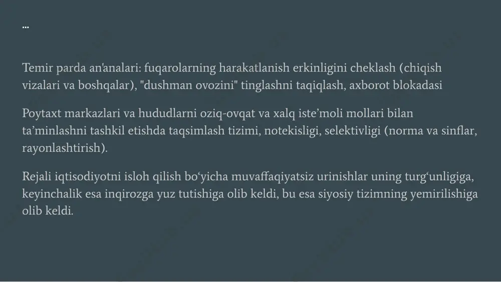 ini" e'lon qildi, sovet qurolli kuchlari oliy bosh qo'mondoni iste'foga chiqishi to'g'risidagi farmonni imzoladi va boshqaruvni o'z zimmasiga o'tkazdi. rossiya prezidenti b. yeltsinga strategik yadro qurollari. sssr parchalanishining oqibatlari. sovet ittifoqining parchalanishi ikkinchi jahon urushidan keyingi eng ta'sirchan geosiyosiy vaziyatga olib keldi. darhaqiqat, bu haqiqiy geosiyosiy falokat edi, uning oqibatlari sobiq ittifoq tarkibidagi barcha respublikalarning iqtisodiyoti, siyosati va ijtimoiy sohalarida hamon o‘z aksini topmoqda. 1) sobiq sssrning barcha mamlakatlarida ishlab chiqarishning keskin qisqarishi va aholi turmush darajasining pasayishi; 2) rossiya hududi chorak qismga qisqardi; 3) dengiz portlariga kirish yana qiyinlashdi; 4) rossiya aholisi kamaygan - aslida, ikki barobar; 5) sobiq sssr respublikalari o'rtasida ko'plab milliy nizolarning paydo bo'lishi va hududiy da'volarning paydo bo'lishi; 6) globallashuv boshlandi - jarayonlar asta-sekin kuchayib, dunyoni yagona siyosiy, axborot, iqtisodiy tizimga aylantirdi 7) dunyo bir qutbli bo'ldi va aqsh yagona super kuch bo'lib qoldi. image1.png image2.jpg image3.jpg image4.jpg image5.jpg image6.jpg image7.jpg image8.jpg image9.jpg