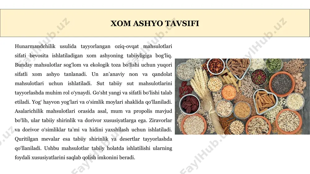 ada makaron, zaytun moyi va pishloq ishlab chiqarishda ekologik toza va tabiiy mahsulotlar ishlatiladi. yaponiyada esa hunarmandchilik usuli bilan tayyorlangan mahsulotlar sifat va gigiyena talablariga qat’iy rioya qilgan holda ishlab chiqarilib, xalqaro bozorlarda yuqori narxlarda sotiladi. ushbu tajribalar hunarmandchilik usuli orqali mahsulotlarni sifatli tayyorlash va ularning qiymatini oshirish imkonini beradi. oziq-ovqat tayyorlash texnologiyasi oziq-ovqat tayyorlash texnologiyasi sifatli mahsulot olish uchun muhim bosqichlarni o‘z ichiga oladi.xom ashyo tanlash – mahsulot sifati va xavfsizligini ta’minlashning dastlabki bosqichi. xom ashyo tabiiy va ekologik toza bo‘lishi, zararli qo‘shimchalar va kimyoviy moddalardan holi bo‘lishi kerak. sertifikatlangan xom ashyolar ishlatiladi va ularning sifati maxsus laboratoriya tahlillari orqali tekshiriladi.tayyorlash – xom ashyolarni qayta ishlash va mahsulot tayyorlash jarayoni. bu bosqichda an’anaviy va zamonaviy usullar qo‘llanadi. masalan, non mahsulotlari maxsus tandirlarda, sut mahsulotlari tabiiy achitqilar bilan, go‘sht mahsulotlari esa tabiiy quritish yoki dudlash yo‘li bilan tayyorlanadi.qadoqlash – mahsulotning sifati va xavfsizligini saqlash uchun muhim bosqich. mahsulot tabiiy muhit …