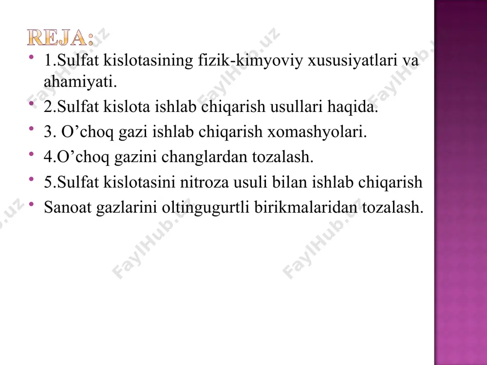 ni yoqish uchun ko’mirli kоlchеdаnni ishlаtish: 4fes2 + 4c + 2feso4 + 14,502 = 3fe2o3 + 10so2 + 4co2 + q o’chоq gаzi so2 mоlеkulyar оg’irligi 64,04 u.b.gа tеng zichligi xаvоgа nisbаtаn 2,26 rаngsiz, o’tkir xidli, nоrmаl shаrоitdа gаz so2(g ) + 0,5o2(g ) = so3(g ) + q 4fes2(k) + 11o2(g ) = 2fe2o3(q ) + 8so2(g ) zns(q ) + 1,5o2(g ) = zno(q ) + so2(g ) + q 1 –динитратация минораси ; 2, 3-биринчи ва иккинчи маҳсулот минораси; 4-оксидловчи минора; 5, 6, 7-абсорбция минораси; 8 - электрофильтрлар. so2 + n2o3 + н2о = н2so4 + no. 2no(g) + o2(g) = 2no2(g) + q (no)2 + o2 = 2nо2+q no(g) + no2(g) = n2o3(g) + q 2hnso5 + h2o(c) = 2h2so4 + n2o3 - q kоntаkt аppаrаti turlаri. so2 + v2o5 = so3 + v2o4 v2o4 + 0.5o2 = v2o5 so2 + 0.5o2 = so3 1 – …