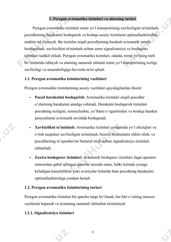 larni operatorlarga bildirish. · avtomatik signalizatsiya tizimi (ats): bu tizim poezdning harakatini boshqaradi va operatorlarga yoki avtomatik tizimga poezdning joylashuvi va harakatini bildiradi. ats tizimi temir yo‘l bo‘ylab signal berish, harakatni optimallashtirish va poezdlarni to‘xtatish uchun ishlatiladi. · avtomatik va masofaviy signalizatsiya tizimi: yangi avlod tizimlari ko‘proq masofaviy boshqaruvga asoslangan. bunday tizimlar signalizatsiya va harakatni masofadan turib nazorat qilish imkonini beradi. masofaviy tizimlar poezdlarning harakatini real vaqtda kuzatadi, xatoliklarni aniqlaydi va xavf-xatarlarni oldini oladi. · poezdni to‘xtatish signalizatsiyasi (pts): bu tizim poezdlarning keskin to‘xtashini ta'minlaydi, ayniqsa, avariya holatida. pts tizimi tizimli tormozlash va avariyali to‘xtatish uchun ishlatiladi. 1.2.2. avtomatik boshqaruv tizimlari (abt) avtomatik boshqaruv tizimlari temir yo‘l transporti harakatini avtomatik ravishda boshqaradi. ushbu tizimlar orqali har bir poezdning tezligi, yo‘l chiziqlarini boshqarish, tormozlash va xavfsiz harakatni ta'minlash mumkin. abt tizimlari odatda bir nechta bo‘limni o‘z ichiga oladi va temir yo‘lning umumiy boshqaruvini yaxshilashga yordam beradi. · avtomatik poezd boshqaruv tizimi …