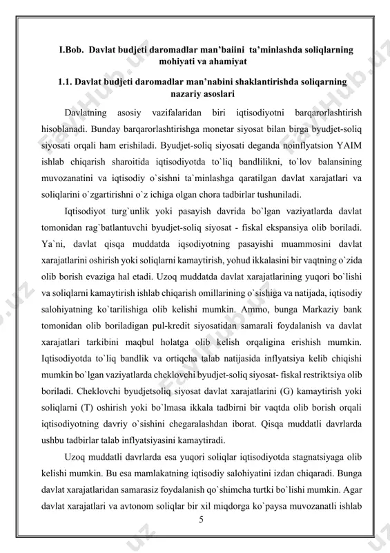 hilligi ustidan nazorat o`rnatilishi va uni qoplash manbalarini qidirishni, juda katta samara beradigan iqtisodiy dasturlarga byudjetdan mablag` ajratishni talab etadi. byudjet taqchilligining kelib chiqish sabablari quyidagilar bo`lishi mumkin: ♦ taqchillik davlatning kredit qo`yilmalarini ko`payishida iqtisodiyotni rivojlantirish zaruriyati yuzasidan kelib chiqishi mumkin, bunday holat iqtisodiyotda krizis holatini bildirmaydi, balki davlatni iktisodiy kon yukturasini tartibga solish, progressiv odimlanishini ta`minlashga qaratilgan harakatidan kelib chiqadi; ♦ taqchillik favqulodda holatlar natijasida kelib chiqishi mumkin, bunday holatlarda byudjetdagi zaxiralar yetarli bo`lmaydi va ortiqcha mablag`lar manbasiga ehtiyoj tug`iladi; ♦ taqchillik krizis holatidan kelib chiqadi, bunda iktisodiyot parokanda holatda bo`ladi, moliya-kredit aloqalari samarasiz bo`lib, hukumat mamlakatdagi moliyaviy holatni o`z nazorati ostiga ololmaydi. byudjet taqchilligi uzoq davrlar mobaynida vujudga kelgan va iqtisodiyotimizga katta ta`sir ko`rsatdi. bular o`z navbatida davlat byudjeti va pul muomalasida o`z ifodasini topdi. byudjet taqchilligi inflyatsiya jarayonining kuchayganligini, savdo shoxobchalarida aksariyat mahsulotlarning kamayib ketganligini, moddiy boylik ishlab chiqarish va ijtimoiy-madaniy jabhalarda ta`minot muammolarining kuchayganligini ham bildiradi. …