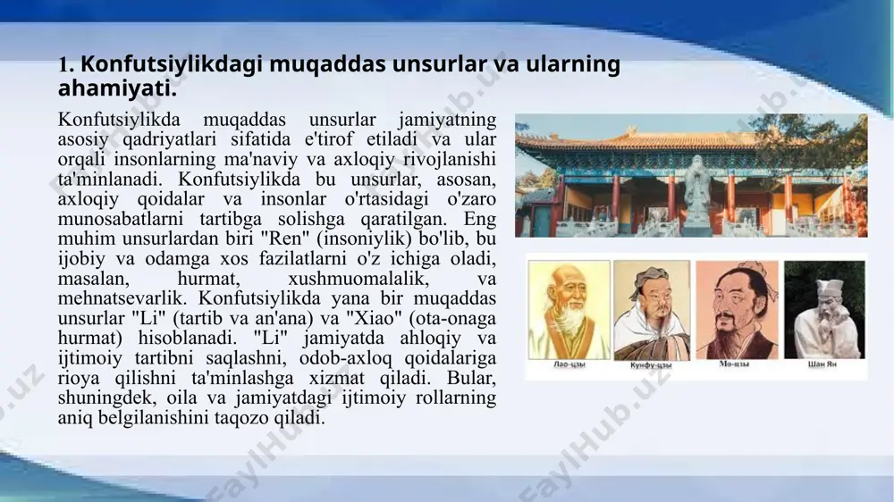 oilada ham mustahkamlanadi. uchinchidan, ezozlash amallari shaxsni ma'naviy jihatdan tarbiyalashga qaratilgan. konfutsiylikda ezozlash, shaxsning ijtimoiy va axloqiy rivojlanishiga yordam beradi. bu amallar orqali inson o'zining axloqiy mas'uliyatini his qiladi va jamiyatda o'z o'rnini to'g'ri anglaydi. ezozlash amallari, shuningdek, jamiyatda yuqori darajadagi fazilatlarni targ'ib qilish, masalan, sabr-toqat, xushmuomalalik va adolatga e'tibor qaratishni maqsad qilgan. konfutsiylikda ezozlash amallari jamiyatdagi axloqiy qadriyatlarni mustahkamlash va o'zaro hurmatni rivojlantirishga qaratilgan muhim amaliyotlardir. ezozlash, odatda, turli marosimlar, rituallar va harakatlar orqali amalga oshiriladi, bu esa insonlar orasidagi aloqalarni yaxshilashga yordam beradi. konfutsiylikda ezozlashning asosiy maqsadi – ijtimoiy tartibni saqlash, o'zaro hurmatni oshirish va individual axloqiy fazilatlarni rivojlantirishdir. birinchidan, ezozlash amallarining asosiy maqsadi jamiyatda ijtimoiy muvozanatni saqlashdir. konfutsiylikda har bir insonning jamiyatdagi o'rni va roli aniq belgilangan, va ezozlash orqali bu o'rinlarni hurmat qilish muhim hisoblanadi. ezozlash orqali, kattalarga, ustozlarga va ota-onaga bo'lgan hurmat namoyon etiladi. bu amallar, o'z navbatida, jamiyatdagi o'zaro munosabatlarni mustahkamlashga yordam beradi va …