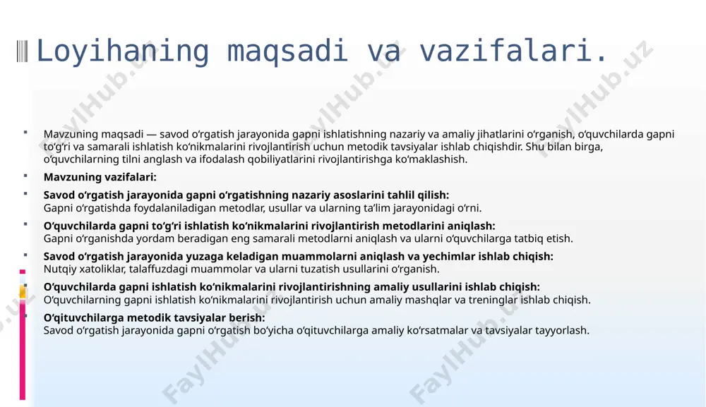 matnni to‘g‘ri o‘qish, tushunish va yodlash kabi ko‘nikmalar bilan ta'minlash jarayonidir. bu jarayonning asosiy maqsadi, o‘quvchilarda nutq madaniyati, tilni ravon ishlatish, matnni aniq va to‘g‘ri ifodalashni o‘rgatishdan iborat. savod o‘rgatish jarayonining muhimligi quyidagi jihatlarda namoyon bo‘ladi: fikrni ifodalashda aniqlik va tushunarlilik: savod o‘rgatish jarayonida o‘quvchilar gaplarni to‘g‘ri qurish, so‘z boyligini oshirish va matnni aniq va tushunarli ravishda ifodalashni o‘rganadilar. bu esa, ular o‘z fikrlarini tushunarli tarzda bayon eta olishiga yordam beradi. nutqni rivojlantirish: savod o‘rgatish orqali o‘quvchilarning so‘zlashuv madaniyati rivojlanadi, ular o‘z fikrlarini to‘g‘ri va ravon ifodalashni o‘rganadilar. bu jarayon o‘quvchilarning so‘zlashuv qobiliyatlarini oshirishga xizmat qiladi. savod o‘rgatishning mohiyati savod o‘rgatish jarayonida asosiy maqsad o‘quvchilarni til birliklari, gap tuzilmalari va ularning muloqotdagi ahamiyatini o‘rgatishdir. bu jarayon o‘quvchilarga quyidagi imkoniyatlarni beradi: tilning kommunikativ funksiyalarini o‘zlashtirish. mustaqil fikrlash va fikrni ifoda etish malakasini rivojlantirish. jamiyatda samarali muloqot qilish ko‘nikmasini shakllantirish. 1.2. gapni o‘rgatishda ishlatiladigan metodlar va usullar gapni o‘rgatishda ishlatiladigan metodlar va …