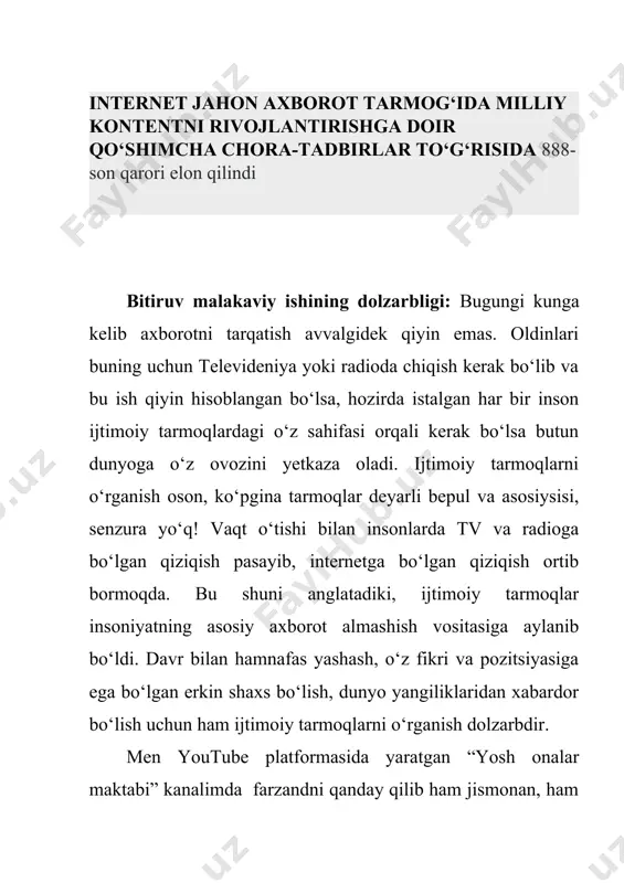 bo‘ldi. davr bilan hamnafas yashash, o‘z fikri va pozitsiyasiga ega bo‘lgan erkin shaxs bo‘lish, dunyo yangiliklaridan xabardor bo‘lish uchun ham ijtimoiy tarmoqlarni o‘rganish dolzarbdir. men youtube platformasida yaratgan “yosh onalar maktabi” kanalimda farzandni qanday qilib ham jismonan, ham ma’nan yetuk inson qilib voyaga yetkazish haqida ma’lumot berib, videokontentlar tayyorlayman. maqsadi: ushbu bitiruv malakaviy ishining asosiy maqsadi ijtimoiy tarmoqlar, xususan, youtube platformasining xususiyatlarini, afzalliklarini, uning hayotimizda tutgan rolini o‘rganish, youtubeda o‘zbek kontenti o‘rinlarini foydali va sifatli kontent bilan to‘ldirish va bunga odamlarni targ‘ib qilishdan iborat. bitiruv malakaviy ishining vazifasi: 1. ijtimoiy tarmoqlarning tarixi bo‘yicha o‘tkazilgan tadqiqotlarni, yozilgan adabiyotlarni o‘rganish. 2. youtube platformasi, uning imkoniyatlari va afzalliklarini tahlil qilish, kanal ochish, kontent yuritish va uni ommaga to‘g‘ri taqdim qilishni o‘rganish. 3. kontent yuritishda videomontaj qiluvchi dasturlar bilan ishlash, ular bilan yaqindan tanishish bir asrdan kamroq vaqt ichida ijtimoiy media to‘g‘ridan-to‘g‘ri elektron ma’lumotlar almashinuvidan virtual yig‘ilish joyiga, chakana savdo maydonchasiga va 21-asrning muhim …