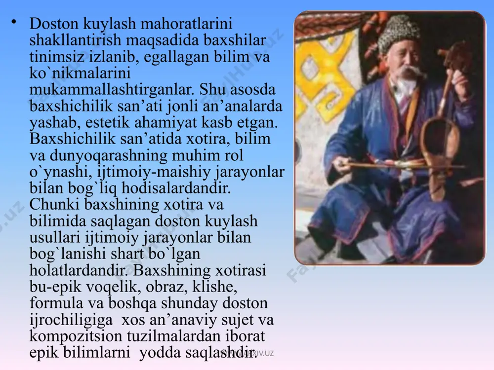 id an’anaviy dostonlar kuylanib kelingan. ayniqsa, “alpomish” dostoni umumo`zbek dostonchilik maktabi baxshilari repertuaridan alohida joy olgan va har bir baxshi ushbu dostonni mehr bilan ijro etgan. dostonning janubiy o`zbekistonda yashab ijod qilgan mardonaqul avliyoqul o`g`li, mamadrayim yuzboshi, umir shoir safarov, bo`riboy ahmedov, abdulla shoir nurali o`g`li, hamro ergash o`g`li, zohir qo`chqorovdan yozib olingan variantlari professor t.mirzayev tomonidan yetarlicha tahlil qilingan. shu bilan bir qatorda doston variantlari biz yuqorida tilga olgan savodli baxshilar repertuaridan ham yozib olingan. www.arxiv.uz qahramonlik shartlari umir shoir variantida uchta bo`lsa, qodir baxshida to`rttadir. barchin obrazi yanada kuchaytirilgan. bu holni qultoy qiyofasidagi alpomishning barchin bilan yor-yor aytishuvi tasvirida yaqqol ko`rish mumkin: qultoy: sumbul-sumbul sochingdi dol qo`yag`ay, yor-yor, xapamating bandini xo`p tuyag`ay, yor-yor, ultontoz ham yaxshi qul, sen tiyag`ay, yor-yor, o`ng tizzangga ullar olib, ham suyag`ay, yor-yor, sumbil-sumbil sochingdi, yana sumbul sochingdi tarag`ayda, barchinjon, oyna olib oq yuzingga qaragayda barchinjon. barchin: lochin qo`ngan to`shimga qarg`ani keltirma-yey, tulpor yurgan …
