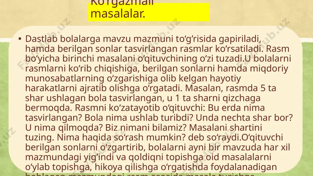 uvchilarda fikrlash ko‘nikmalari, mashqlar yechishda mantiqiy asoslash va fikrlashni talab etadigan biz ishlab chiqqan tavsiyalardan foydalanishlari ularning umuman matematik tayyorgarligi, qiziqish va qobiliyatlari rivojining oshishiga xizmat qiladi e’tiboringiz uchun raxmat! image3.jpeg image6.jpeg image8.png image4.jpeg image11.png image12.png image13.jpeg image14.jpeg image15.jpeg image16.png image17.png image18.png image19.jpeg image2.jpeg