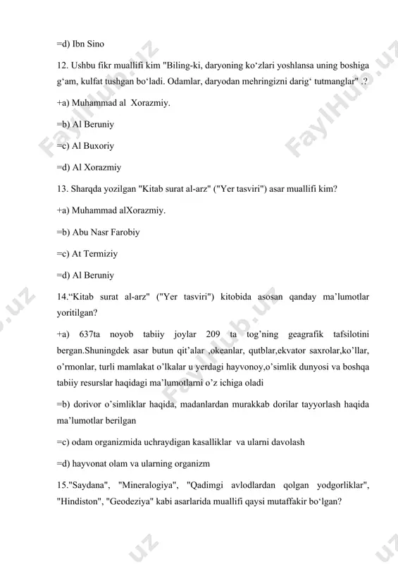 ikidan necha marta katta? +a) 109 marta. =b) 120 martta =c) 50 martta =d) 100 martta 24.quyosh o‘z o‘qi atrofida sekin-asta muntazam ravishda qaysi tomonga qarab aylanadi? +a) sharqdan g’arbga. =b) shimoldan janubga =c) jabundan sharqqa =d) g’arbdan janubga 25.quyosh o‘z o‘qi atrofida o‘rtacha xisobda nechi sutkada bir marta aylanadi? +a) 27 sutkada. =b) 15 sutkada =c) 19 sutkada =d) 20 sutkada 26.quyosh asosan qaysi moddalardan tashkil topgan? +a) vodrod, geliy. =b) azot, natriy =c) magniy, rux =d) kaliy natriy 27. quyosh - quyosh sistemasining necha % tashkil qiladi? +a) 99,86%. =b) 81,8% =c) 36.6% =d) 78.8% 28.quyosh nuri yerga qancha vaqtda yetib keladi? +a) 8-minut 18-sekund. =b) 9-minut 18-sekund =c) 7-minut 19-sekund =10-minut 18-sekunt 29.quyosh tarkibida necha foiz vodrod va geliy mavjud? +a) vadarod 54%, geliy 45%. =b) azot 15%, natriy 61% =c) magniy 86% , rux 92% =d)geliy 45%, azot 10% 30.quyosh atmosferasi qaysi qatlamalardan iborat? +a) 1.fotosfera, …