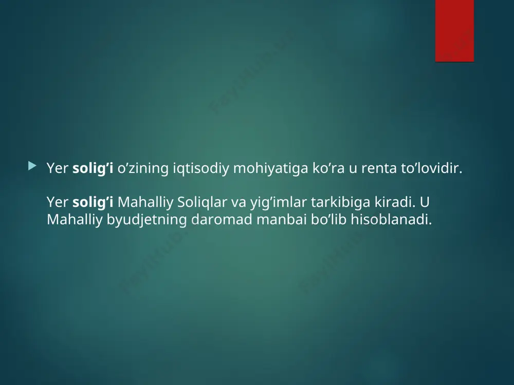 lgan, ishlovchilari umumiy sonining kamida 50 foizini nogironlar, 1941-1945 yillardagi urush va mehnat fronti faxriylari tashkil kilgan yuridik shaxslar, bundan savdo, vositachilik, ta’minot-sotish va tayyorlov faoliyati bilan shug’ullanuvchi yuridik shaxslar mustasno. yangi tashkil etilgan dehqon xo’jaliklari – davlat ro’yxatidan o’tkazilgan paytdan boshlab, ikki yil muddatga; yer solig’i stavkalari yuridik shaxslardan olinadigan yer solig’i stavkalari prezident qarori bilan tasdiqlanadi. soliq stavkalari tuprok sifatini (bonitetini) hisobga olgan holda belgilanadi. yer resurslaridan yanada samarali foydalanish uchun soliq stavkasi 2009 yilga nisbatan 2010 yilda 1,15 barovarga indeksasiya kilindi, ya’ni 15 foizga oshirildi. 2010 yil uchun belgilangan yuridik shaxslardan olinadigan yer solig’i stavkalarining guruhlanishini quyidagi ma’lumotlardan kurish mumkin: yuridik shaxslardan undiriladigan yer solig’i stavkalari baholanmagan yerlar uchun soliq 41 dan 50 ballgacha bo’lgan yerlar uchun belgilangan stavkada to’lanadi. yer solig’ini hisobi va to’lash tartibi yer solig’i har yili 1-yanvargacha hisoblab chiqariladi va uning hisob-kitobi davlat soliq xizmati organiga hisobot yilining 15 fevraliga kadar taqdim etiladi. …