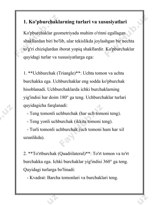 lanadi. agar to‘rtburchakning tomonlari a, b, c va d bo‘lsa, perimetri quyidagicha hisoblanadi: \[ p = a + b + c + d \] agar to‘rtburchak parallelogramm (masalan, to‘g‘ri to‘rtburchak) bo‘lsa, odatda qarama-qarshi tomonlar teng bo‘ladi. agar to‘rtburchakning qarama-qarshi tomonlarini a va b deb belgilasak (ya'ni a = c = a va b = d = b), unda perimetr quyidagicha aniqlanadi: \[ p = 2a + 2b = 2(a + b) \] ### to‘g‘ri to‘rtburchakning yuzasi to‘g‘ri to‘rtburchakning yuzasi uning uzunlik va kenglikning mahsuloti sifatida hisoblanadi. ya'ni, agar uzunlikni a va kenglikni b deb belgilasak, yuzasi s quyidagicha bo‘ladi: \[ s = a \times b \] bu yerda \( a \) - to‘g‘ri to‘rtburchakning uzunligi, \( b \) - to‘g‘ri to‘rtburchakning kengligi. ### misollar 1. misol uchun, agar to‘rtburchakning tomonlari 5 m (a), 7 m (b), 5 m (c) va 7 m (d) bo‘lsa, uning perimetri quyidagicha bo‘ladi: \[ p …