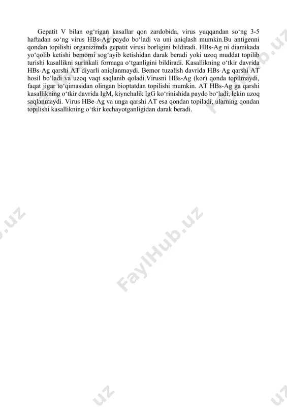 riga qarshi at hosil bo‘ladi, lekin virus o‘zining tashqiy antigen determinantlarini doimo o‘zgartirib turganligi sababli, hosil bo‘lgan at lar viruslarni neytralizatsiya qila olmaydi. virus organizmning immun nazoratidan chetda qoladi. ko‘plab virusni yangi antigen variantlari hosil bo‘lishi natijasida immun sistema xujayralari yuqori tezlikda ishlaydi va tezda faoliyatlari suslashib qoladi, bu esa kasallikning surinkali uzoq davom (15-20 yil) etishiga va pirovardi oqibatda jigar sirrozi yoki o‘smasiga olib keladi. kasallik 60-80% surinkali formaga o‘tishi mumkin. virus ko‘pchilik hollarda makrofaglarda ham topilishi mumkin. virus yuqqandan chamasi 3 oylardan kiyin qonda spesifik at topiladi. gepatit g virusi. virusni toksonomik o‘rni haligacha to‘liq aniqlangan emas. hozirgi kunda shartli ravishda flaviviridae oilasiga kiritilgan. virion sferik shakilda va tarkibida segmentlanmagan +rnk molekulasi tutadi. antigen nabori bo‘yicha 3 ta tiplari uchraydi. gepatit g virusi nuqsonli virus deb qaralmoqda, uning reproduksiyasi uchun gepatit s virusini bo‘lishi zarur degan taxminlar qilinmoqda. kasallik manbasi kasal odam va surinkali gepatit g virusi bilan …