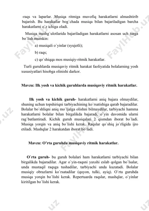 ch turga bo`lish mumkin: a) musiqali o`yinlar (syujetli); b) raqs; c) qo`shiqqa mos musiqiy-ritmik harakatlar. turli guruhlarda musiqaviy ritmik harakat faoliyatida bolalarning yosh xususiyatlari hisobga olinishi darkor. mavzu: ilk yosh va kichik guruhlarda musiqaviy ritmik harakatlar. ilk yosh va kichik guruh- harakatlarni aniq bajara olmaydilar, shuning uchun topshiriqni tarbiyachining ko`rsatishiga qarab bajaradilar. bolalar bo`shliqni aniq mo`ljalga olishni bilmaydilar, tarbiyachi hamma harakatlarni bolalar bilan birgalikda bajaradi, o`yin davomida ularni rag`batlantiradi. kichik guruh musiqalari 2 qismdan iborat bo`ladi. musiqa yorqin va aniq bo`lishi kerak. raqslar qo`shiq jo`rligida ijro etiladi. mashqlar 2 harakatdan iborat bo`ladi. mavzu: o’rta guruhda musiqaviy ritmik harakatlar. o`rta guruh- bu guruh bolalari ham harakatlarni tarbiyachi bilan birgalikda bajaradilar. agar o`yin-raqsni yaxshi eslab qolgan bo`lsalar, unda mustaqil raqsga tushadilar, tarbiyachi unda kuzatadi. bolalar musiqiy obrazlarni ko`rsatadilar (quyon, tulki, ayiq). o`rta guruhda musiqa yorqin bo`lishi kerak. repertuarda raqslar, mashqlar, o`yinlar kiritilgan bo`lishi kerak. mavzu: katta va tayyorlov guruhlarda musiqaviy ritmik harakatlar. …