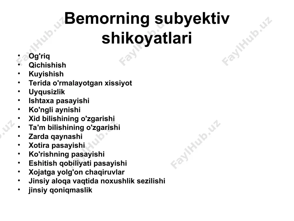 iga baho berish usullari qavat-qavat qirindi olib tekshirish- terining qipiqlanishi va tomirlarning shikastlanish darajasi baxolanadi. mushak-soch refleksini aniqlash- teriga sovuq buyum tegirilsa “o'rdak terisi” belgisi xosil bo'ladi. dermografizmni aniqlash terining sovuqqa sezgirligini aniqlash- o'lchami katta bo'lgan qavarchiqlar xosil bo'lishi diaskopiya usuli yoki terini tortib ko'rish usuli teri sinamasini qo'yish (tuberkulin, leyshmanin) oq dermagrafizm laborator tekshirish usullari bakteriologik bakterioskopik mikologik gistologik in vitro sharoitida immunologik testlar qo'yish serologik reaktsiyalarni aniqlash. vud lampalaridan foydalanish rangli sinamalar toshmalar tasnifi va tavsifi teri-tanosil kasalliklarda uchraydigan toshmalar qo'zg'atuvchilarning bevosita teriga ta'sir etib o'choqli yallig'lanishlar keltirib chiqarishi, ular zaxarli maxsulotlarining ta'siri, allergik reaktsiyalar oqibatida hamda nerv – reflektor buzilishlar hisobiga namoyon bo'ladi. ayrim xolatlarda qon va limfa tomirlarining kengayishi va ularning o'tkazuvchanligi ortishi bilan chegaralansa, ba'zida qon tomirlar butunligi buzilishi, chuqur trofik o'zgarishlar, yallig'lanish infiltratlari, terida destruktiv o'zgarishlar xosil bo'lishi bilan namoyon bo'ladi. 1.terida joylashgan qon tomirlar kengayishi hisobiga hosil bo’ladigan toshmalar а) нуқтасимон тошма; ўлчами …