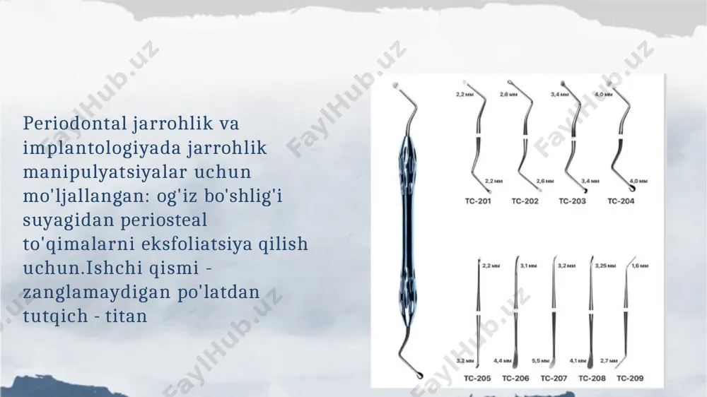 ri: qo‘shimcha jarrohlik talab etadi, jarohat joyi og‘riq yoki infeksiya xavfini oshiradi. 2. allogen suyak qilinmayd manbasi: donorlardan olingan suyak (odamdan odamga). ❯ ❯ ❯ ❯ afzalliklari: tayyor ko‘rinishda bo‘ladi, qo‘shimcha jarohat talab qilinmaydi. ❯ kamchiliklari: biologik moslik darajasi nisbatan past, infeksiya xavfi ❯ 3. ksengraf suyak (ksemozaik) ❯ • manbasi: hayvonlardan (ko‘pincha qoramol yoki cho’chqa). ❯ • afzalliklari: biologik moslik yuqori, suyak o‘sishini rag‘batlantiradi. ❯ • kamchiliklari: uzoq vaqt ichida to‘liq singishi mumkin emas. ❯ 4. sintetik suyak materiallari ❯ • tarkibi: gidroksiapatit, trikaltsiy fosfat kabi moddalar. ❯ • afzalliklari: infeksiya xavfi yo‘q, oson saqlanadi va moslashtiriladi. ❯ • kamchiliklari: biologik moslik tabiiy materiallarnikiga nisbatan past. membranalar turlari ❯ ❯ membranalar suyak regeneratsiyasini qo‘llab-quvvatlash va yumshoq to‘qimalarni himoya qilish uchun qo‘llanadi. 1. resorbsiyalanadigan membranalar ❯ ❯ tarkibi: kollagen yoki boshqa biologik parchalanadigan materiallar. ❯ afzalliklari: ikkinchi jarrohlik talab qilinmaydi, tabiiy ravishda tanada singadi. ❯ kamchiliklari: mustahkamlik darajasi cheklangan, ma’lum …