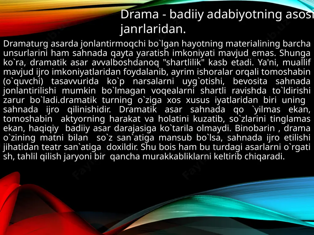 o'ngimizda bo'lib, boshqa sifatga o'tadi. drama inson hayotidagi keskinlik va to'qnashuvlarga urg'u beradi va ular bu odam uchun tabiiy va doimiy ravishda unga hamroh bo'ladi deyishadi.ikkinchidan, drama- bu qarama-qarshi harakatlarga asoslangan turli xil rollar uchun yozilgan matn. drammaturgik asarlarning mohiyati. v.m. volkenshteyn "dramatik asarlar taqdiri" maqolasida: "men o'qish uchun (ya'ni faqat o'qish uchun) dramasi mavjud emasligiga ishonaman. drama emas, balki risoladami yoki dialogik shaklda she'rmi, lekin agar u drama bo'lsa, unda drama muvaffaqiyatsiz ... men dramada tabiiy sahna materialini, teatr imkoniyatlari adabiyotini ko'raman . spektakl ham sahna asari, ham tayyor asar. " drama- bu teatr imkoniyatlari adabiyotidir, bu adabiyotning bir turi emas, adabiy va badiiy shakl emas, hatto she'riyatning eng yuqori shakli ham," degan edi. shunga oʻxshash bir qancha maqolalarda keltirilgan maʼlumotlarning hammasi dramaning mohiyatini anglashga yordam beradi. hayotiy sahnaviy tasviri, predmeti boshqa belgilar va ob'ektiv sharoitlar bilan kurash olib boradigan qahramonlarning atayin sa'y-harakatlari natijasida boshidan oxirigacha tanaffusga qadar rivojlanadigan …