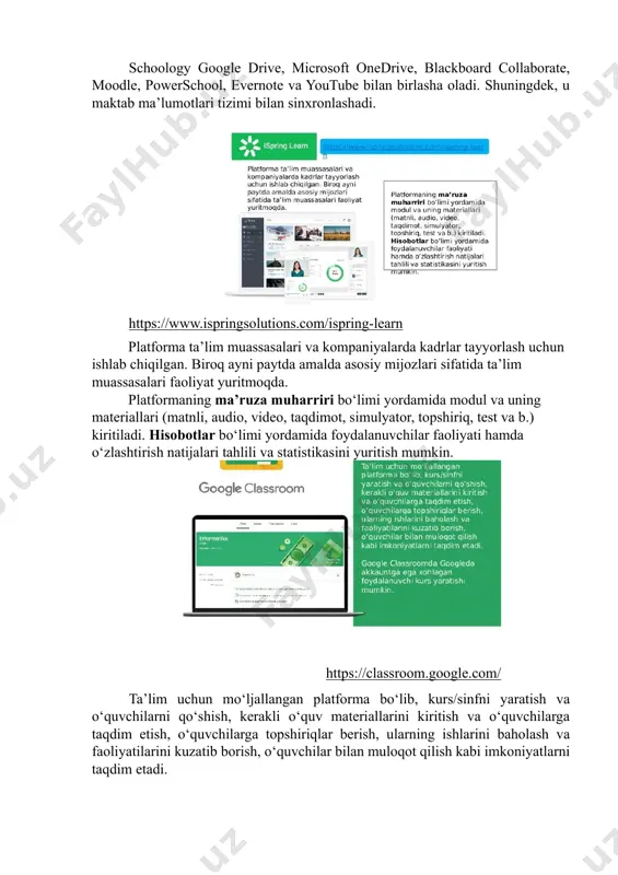 adi: ta’limni boshqaruv tizimlari (lms) bulutli platformalar; elektron ta’lim dasturlarini tashkil etuvchi, amalga oshiruvchi hamda o‘quvchilarning o‘zlashtirish natijalari ustidan nazorat olib borish va ularni saqlab qo‘yish imkoniyatini beruvchi onlayn platforma. serverga asoslangan lmslar; cms bilan integratsiyalashgan lmslar. lmsning bulutli platformalari o‘quv kursining materiallari lmsning bulutli platformalarida veb-xizmatni taklif etuvchining server kompyuteriga joylashtiriladi. lmsning bu turini ta’lim muassasasi yoki tashkilotning server kompyuteriga o‘rnatib bo‘lmaydi. lmsning bulutli platformalari veb-xizmat (masalan, pochta xizmati kabi) prinsipi asosida ishlaydi, ya’ni veb-xizmat taklif etilgan manzil orqali ro‘yxatdan o‘tgandan keyin, o‘quv kurslarini yaratish mumkin. serverga asoslangan lmslar tashkilot yoki ta’lim muassasasining serveriga o‘rnatiladi. bu esa foydalanuvchilarga tizimga korporativ login va parol yordamida kirish imkonini beradi. barcha ma’lumotlar tashkilot yoki ta’lim muassasasi server kompyuterida saqlanadi. buning uchun esa lmsni o‘rnatish, sozlash, uning tashkilot yoki ta’lim muassasasi dasturiy ta’minotlari bilan integratsiyasini ta’minlash lozim. asosan, ta’lim muassasalari va o‘quv markazlarida foydalaniladi. cms bilan integratsiyalashgan lmslar lms funksiyalarini bajaruvchi maxsus dasturlar …