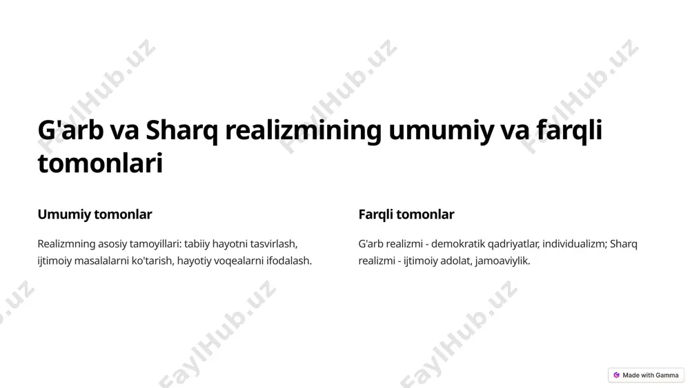 tlar ustuvor. siyosiy mafkura sharqda siyosiy mafkura real hayotni tasvirlashda muhim, g'arbda erkinlik va realizm ustun. 7 oliy realizm, tanqidiy realizm va sosrealizm: qiyosiy tahlil realizm turi konsepsiya xususiyatlari namoyondalar oliy realizm taraqqiy etgan, mukammal ideal voqelik ideal kompozitsiya, aniq detallar, yorish-soyalarning harmoniyasi raphael, michelangelo, rembrandt tanqidiy realizm salbiy ijtimoiy-siyosiy hodisalarni aks ettirish tanqidiy, salbiy obrazlar, ijtimoiy masalalar honore daumier, gustave courbet, ilya repin sosrealizm ijtimoiy mafkurani targ'ib qilish, qahramonlar obrazi ideal qahramonlar, yorqin optimistik kolorit aleksandr gerasimov, aleksandr deineka, isaak brodskiy 8 g'arb va sharq realizmining rivojlanish dinamikasi o'rta asrlar diniy, aqidalarga asoslangan, idealistik tasvirlash. renessans tabiiy-hayotiy tasvirlar, ideal shakl va kompozitsiya. yangi davr ijtimoiy-siyosiy masalalarni ko'tarish, realizm oqimlarining rivojlanishi. 9 xulosa va tavsiyalar 1 umumiy xususiyatlar g'arb va sharq realizmini tabiiy hayotiy tasvirlash, ijtimoiy masalalarni ko'tarish birlashtirib turadi. 2 farqli xususiyatlar g'arb realizmi demokratik qadriyatlar, individualizm; sharq realizmi ijtimoiy adolat, jamoaviylikka asoslangan. 3 realizm oqimlarini tahlil etish oliy …