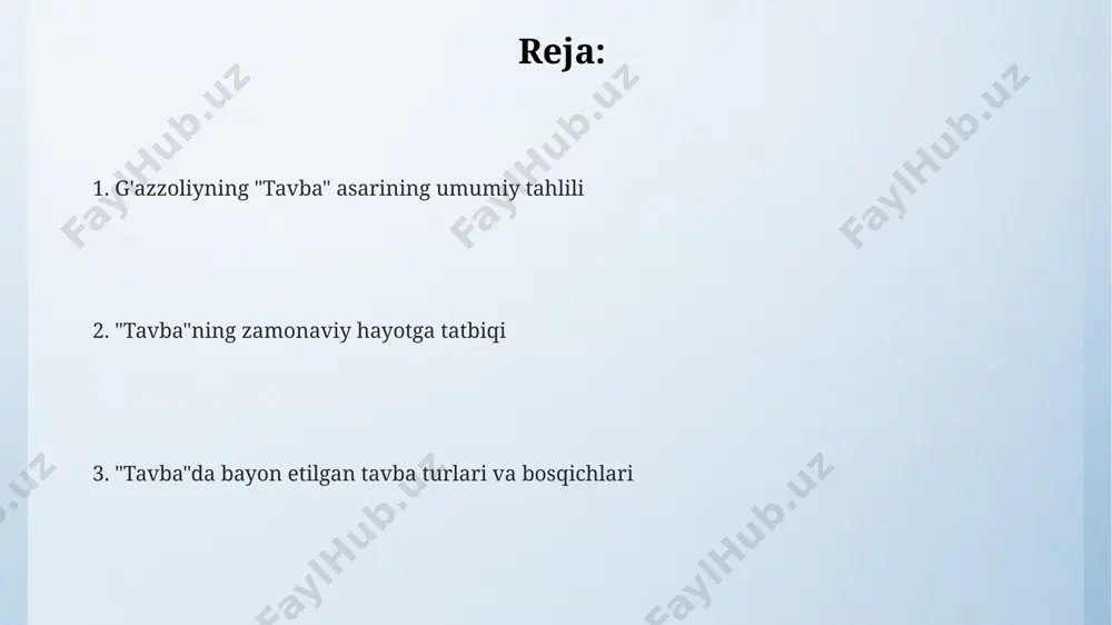 3 bobni o'z ichiga oladi. asarning amaliy ahamiyati va dolzarbligi asarda keltirilgan 30 dan ortiq hadis va qur'on oyatlariga tayangan holda tavba qilishning turli jihatlari batafsil tahlil qilinadi, bu esa asarning ilmiy-nazariy ahamiyatini oshiradi. g'azzoliyning "tavba" asarida bayon etilgan 7 ta tavba bosqichi, zamonaviy insonning ruhiy poklanishi uchun amaliy qo'llanma vazifasini o'taydi va 21-asr muammolariga yechim taklif etadi. "tavba" asarining dolzarbligi, undagi fikrlarning insoniyatning har qanday davr va jamiyatida, shu jumladan, bugungi kunda ham ahamiyatini yo'qotmasligida namoyon bo'ladi, ijtimoiy salohiyati yuqori. tavbadan keyingi hayot tarzining o'zgarishi asarda, tavbadan so'ng odamning gunohlarini yodga olish va o'zini qattiq tanqid qilish, bu esa uning 5 hissiyotini tarbiyalash orqali o'zini yanada yaxshilashga undashini ko'ramiz. tavbadan keyingi hayot tarzining o'zgarishi, g'azzoliy ta'kidlashicha, 3 asosiy jihatni o'z ichiga oladi: tafakkur, amaliyot va ijtimoiy munosabatlarning tubdan o'zgarishi. g'azzoliy "tavba" asarida tavbadan keyin 7 bosqichli poklanish yo'li tavsiflanadi, bu esa insonning ichki va tashqi hayot tarzining 180 daraja …