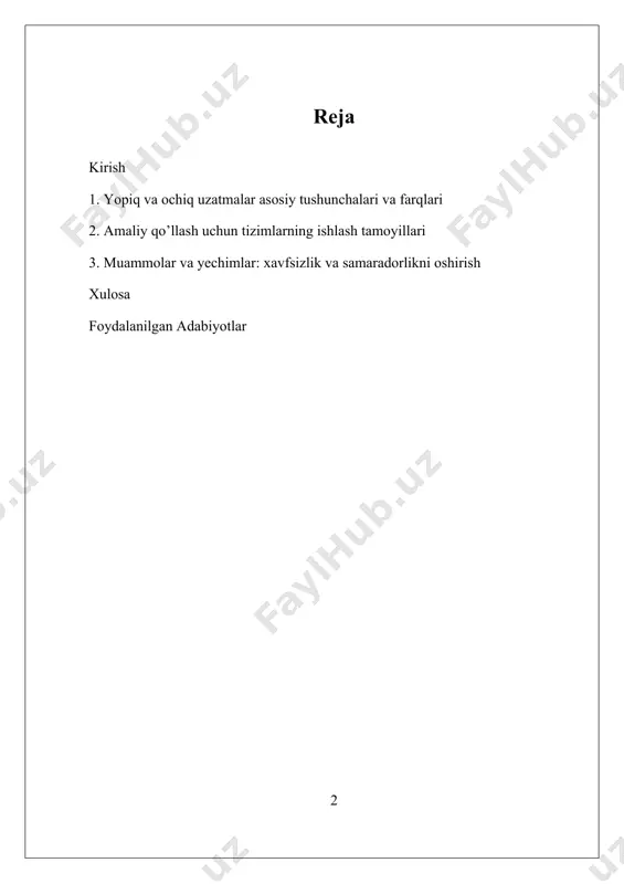 malar tizimlarining birgalikda ishlashini ta’minlaydigan gibrid tizimlar yaratishdir. bu esa, tizimlarning xavfsizligi, samaradorligi va moslashuvchanligini oshirish imkonini beradi. shu bilan birga, hozirgi vaqtda uzatmalar tizimlarida yuzaga kelayotgan muammolar ham aniq ko‘rinib turibdi. xususan, tashqi muhit ta’siridan xavfsizlikni ta’minlash, interferensiyalarni kamaytirish va xarajatlarni optimallashtirish muhim masalalar hisoblanadi. yana bir muhim bo‘shliq — bu tizimlarning muhit sharoitlariga moslashuvchanligi va bir tizimdan ikkinchi tizimga o‘tish imkoniyatlarini ta’minlashdir. bu boradagi ilmiy izlanishlar, texnologik yutuqlar va amaliy tajribalar yordamida uzatmalar tizimlarining samaradorligini oshirish va xavfsizligini ta’minlashga qaratilgan. ushbu tadqiqotning maqsadi yopiq va ochiq uzatmalar ishlash me’zonini chuqur o‘rganish, ularning farqlari va umumiy tamoyillarini aniqlash, shuningdek, ularning amaliy qo‘llashdagi afzalliklari va kamchiliklarini baholashdir. bu sohada yuzaga kelayotgan muammolarni hal qilish uchun yangi texnologiyalar va dizayn konseptlarini ishlab chiqish, gibrid tizimlar yaratish va ularning xavfsizligini ta’minlash muhim ahamiyatga ega. tadqiqot natijalari yordamida, uzatmalar tizimlarining samaradorligini oshirish, xarajatlarni kamaytirish va xavfsizlikni kuchaytirish imkoniyatlari kengayadi. shu bilan birga, ushbu …