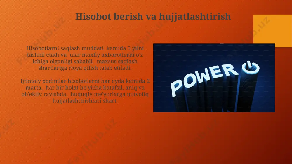 m ko‘rsatish, shu jumladan, tibbiy-psixologik va huquqiy yordam tashkil etish vakolati mavjud. ijtimoiy xodimlar jinoyat qurbonlari bilan ishlashda ularning huquq va manfaatlarini himoya qilish bo‘yicha 30 kun muddatga reja tuzish huquqiga ega. mijozlar bilan ishlashda vakolatlar oilaviy nizolarni hal qilishda, ijtimoiy xodimlar 30 kun ichida qaror qabul qilish va tavsiyalar berish vakolatiga ega bo'lishi mumkin, ammo bu muddat vaziyatga qarab o'zgarishi mumkin. mijozlar bilan ishlashda ijtimoiy xodimlar ma'lumotlarni maxfiy saqlashga majbur, 16 yoshgacha bo'lgan bolalar haqida ma'lumotlarni faqat qonuniy vakillarining roziligi bilan oshkor qilishlari mumkin. sud jarayonlarida ishtirok etish voyaga yetmaganlar bilan bog'liq sud ishlarida, ijtimoiy xodimlar bolaning manfaatlarini himoya qilish uchun sudga 3 ta muhim hujjat topshirishlari shart. sud jarayonlarida ijro etuvchi organlarning 5 yildan ortiq tajribaga ega bo'lgan vakillari ishtirok etishlari mumkin, ularning xulosalari sud qarorlariga ta'sir ko'rsatishi mumkin. maxfiylik va axborot xavfsizligi ijtimoiy xodimlar maxfiy ma'lumotlarga, jumladan, 18 yoshgacha bo'lgan shaxslar haqidagi ma'lumotlarga kirish huquqiga ega, lekin …
