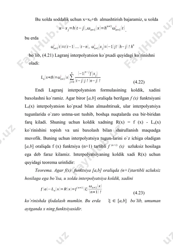 sa darajasi oshib boruvchi ko`pxadlardan iborat bo`lib, ularning koeffitsientlari faktoriallarga bulingan chekli ayir-malardan iborat. shuning uchun n’yuton formulasidagi kichik koeffitsientlar oldidagi xadlarni tashlab yuborishimiz mumkin. ya`ni bu xolda funktsiyaning oraliq qiymatlarini etarli aniqlikda sodda interpolyatsion formulalardan foydalanib hisoblash mumkin. foydalanilgan adabiyotlar ro`yxati 1. isroilov m. «hisoblash metodlari», t., "o`zbekiston", 2003 1. shoxamidov sh.sh. «amaliy matematika unsurlari», t., "o`zbekiston", 1997 1. boyzoqov a., qayumov sh. «hisoblash matematikasi asoslari», o`quv qo`llanma. toshkent 2000. 1. abduqodirov a.a. «hisoblash matematikasi va programmalash», toshkent. "o`qituvchi" 1989. 1. vorob`eva g.n. i dr. «praktikum po vichislitel’noy matematike» m. vsh. 1990. 1. abduhamidov a., xudoynazarov s. «hisoblash usullaridan mashqlar va laboratoriya ishlari», t.1995. 1. siddiqov a. «sonli usullar va programmalashtirish», o`quv qo`llanma. t.2001. 1. internet ma`lumotlarini olish mumkin bo`lgan saytlar: www.exponenta.ru www.lochelp.ru www.math.msu.su www.colibri.ru www.ziyonet.uz image3.wmf oleobject3.bin image4.wmf oleobject4.bin image5.wmf oleobject5.bin image6.wmf oleobject6.bin image7.wmf oleobject7.bin image8.wmf oleobject8.bin image9.wmf oleobject9.bin image10.wmf oleobject10.bin image11.wmf oleobject11.bin image12.wmf oleobject12.bin image13.wmf oleobject13.bin image14.wmf …
