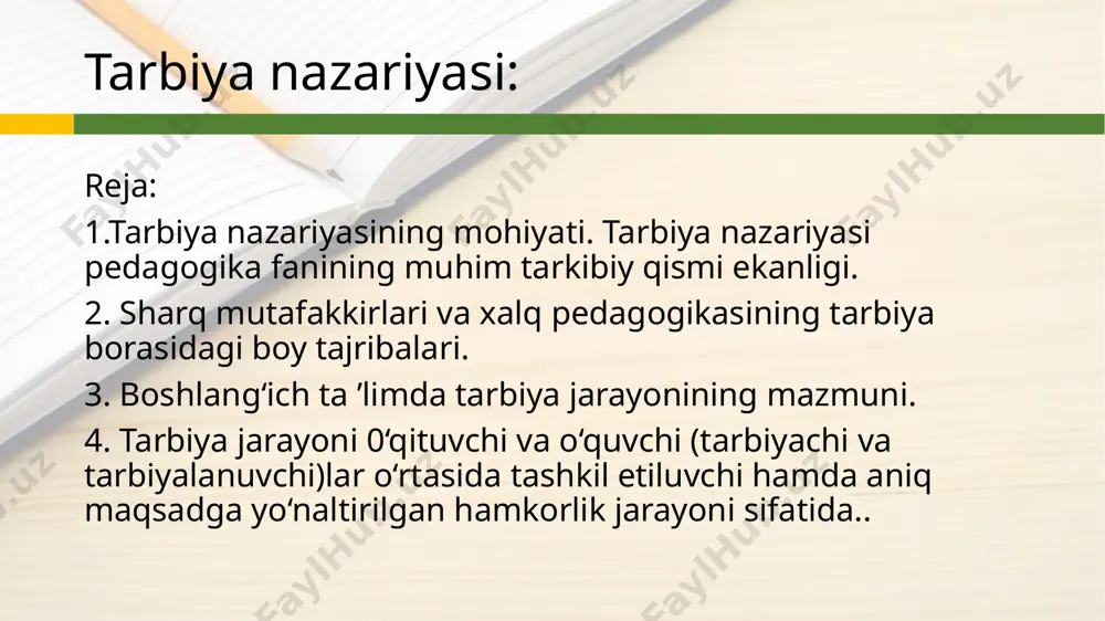 iy me'yorlar mazmunidan xabardor etish, ularga axloqiy me'yorlarning ijtimoiy hayotdagi ahamiyatini tushuntirish, ularda ijtimoiy-axloqiy me'yorlar (talab va ta'qiqlar)ga nisbatan hurmat hissini qaror toptirish asosida axloqiy ong va madaniyatni shakllantirish; 6 aqliy tarbiyani yo‘lga qo‘yish chog‘ida o‘quvchilarni ilm-fan, texnika va texnologiya borasida qo‘lga kiritilayotgan yutuqlar, yangilik va kashfiyotlardan boxabar etish, ularga ijtimoiy va tabiiy fanlar asoslari xususidagi bilimlarni berish tarzida tafakkurni shakllantirish, dunyoqarashini rivojlantirish; jismoniy tarbiyani tashkil etish jarayonida o‘quvchilarni o‘z sog‘liqlarini saqlash va mustahkamlash, organizmni chiniqtirish, jismoniy jihatdan to‘g‘ri rivojlanishi hamda uning ishchanlik qobiliyatini oshirish borasida g‘amxo‘rlik qilish tuyg‘usini yuzaga keltirish, ularda yangi harakat to‘rlari borasida ko‘nikma va malakalarni hosil qilish, ularni maxsus bilimlar bilan qurollantirish, o‘quvchilarning yoshi, jinsiga muvofiq keladigan ularda shaxsiy gigienani saqlashga nisbatan ongli munosabatlarni tarbiyalash; 7 – o‘quvchilarga ekologik bilimlar berish asosida shaxs, jamiyat va tabiat birligi hamda aloqadorligini o‘quvchilarga tushuntirish, ularda ekotizimning inson, insoniyat, jamiyat taraqqiyotidagi muhim o‘rni va mohiyati borasidagi tushunchalarni qaror toptirish, tabiatga …