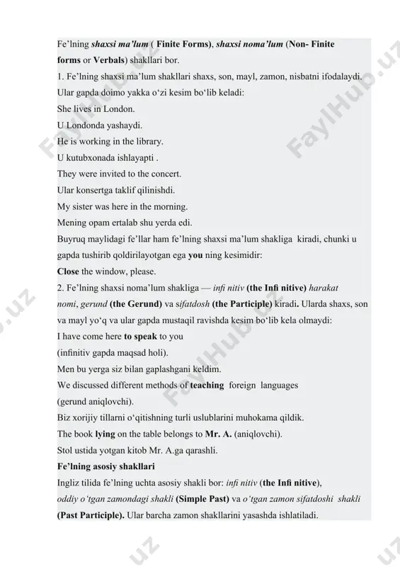 d different methods of teaching foreign languages (gerund aniqlovchi). biz xorijiy tillarni o‘qitishning turli uslublarini muhokama qildik. the book lying on the table belongs to mr. a. (aniqlovchi). stol ustida yotgan kitob mr. a.ga qarashli. fe’lning asosiy shakllari ingliz tilida fe’lning uchta asosiy shakli bor: inﬁ nitiv (the inﬁ nitive), oddiy o‘tgan zamondagi shakli (simple past) va o‘tgan zamon sifatdoshi shakli (past participle). ular barcha zamon shakllarini yasashda ishlatiladi. to‘g‘ri va noto‘g‘ri fe’llar 1. fe’llar oddiy o‘tgan zamon (simple past) va o‘tgan zamon sifatdosh (past participle) shakllarining yasalishiga qarab to‘g‘ri va noto‘g‘ri fe’llarga bo‘linadi. 2. to‘g‘ri fe’llarning simple past va past participle shakllari fe’l o‘zagiga -ed qo‘shimchasini qo‘shish bilan yasaladi. inﬁnitive simple past past participle to open to work to expect opened worked expected opened worked expected 3. simple past va past participle shakllari -ed qo‘shimchasini qo‘shmasdan, turli yo‘llar bilan yasaladigan fe’llar noto‘g‘ri fe’llar deyiladi. noto‘g‘ri fe’llarning o‘tgan zamon va …