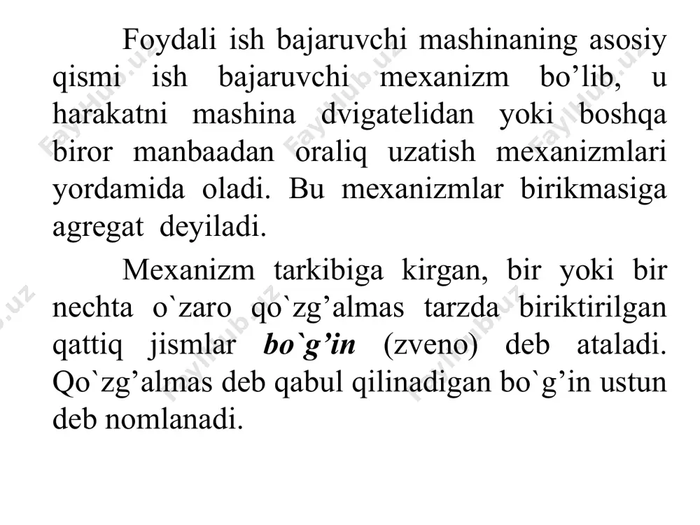 akatiga 4 ta bog’lanish sharti qo’yiladi. iv sinf kinematik juft ko’rsatilgan. tsilindr prizmatik ariqchada 2 ta mustaqil harakatni bajaradi: sx,x-ilgarilanma va aylanma. v sinf kinematik juftda bo’g’inlarni nisbiy harakatiga 5 ta bog’lanish sharti qo’yiladi. v sinf kinematik juft kel-tirilgan. tsilindr tsilindrsimon ariq-chada 1 ta mustaqil x aylanma hara-katni bajaradi. tekis mexanizmlarni erkinlik darajasini chibeshev formulasi orqali aniqlanadi. w=3n-2p5– p4 fazoviy mexanizmlarning erkinlik darajasi esa somov-malishev formulasi orqali aniqlanadi. w=6n-5p5–4p4 –3p3–2p2–p1 текис стерженли механизмлар ричагли механизм оддий механизм мураккаб механизм e’tiboringiz uchun rahmat! image1.png image2.png image3.png image4.png image5.png image6.png image7.png image8.png /docprops/thumbnail.jpeg
