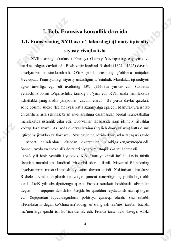 onda», yoki «shaxzodalar frondasi», 1650—1653 yillardagi davrga bo’linadi. bu ikki fronda bilan to’qnashuvida absolyutizm mag`lub bo’lmadi. aksincha siyosiy inqirozlardan mustaxkamlanib chikdi.1661 yili mazarini vafot etdi. shu paytdan boshlab lyudovik xiv mamlakatni yakka xolda 1715 yilgacha idora qildi. «lyudovik xiv asri» fransuz absolyutizmining eng rivojlangan va inqirozi davri edi. lyudovik xiv davrida qirol xokimiyati va davlat markazlashuvi kuchaydi. xarbiy isloxotlar armiyaning jangovor tayyorgarligi va intizomini oshirdi. xvii asrning ikkinchi yarmida mamlakatning moliyaviy va xarbiy — siyosiy qudratini oshirish maqsadida davlatning xo’jalik xayotiga aralashuvi kuchaydi. ayniqsa, bu maqsadlarga moliya vaziri kolber tomonidan 1665—1683 yillarda olib borilgan merkantalizm siyosati to’g`ri kelardi. dengiz orti va mustamlakalarda savdoni faollashtirish uchun davlat ishtirokida monopol savdo kompaniyalari tuzildi:ost—indiya, vest—indiya, levantiya kompaniyalari. flot qurilishiga moliya ajratilar edi. «kolbertizm» siyosati yirik markazlashgan manufakturalarning tashkil eitilishiga, fransuz floti va dengiz savdosining o’sishiga turtki berdi. lyudovik xiv davridagi yirik urushlar fransiya uchun og`ir yuk edi. absolyut monarxiyaning mafkuraviy tayanchi katolik cherkovi …