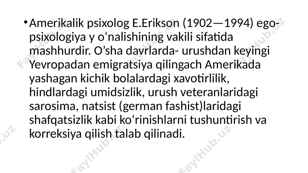 hazalari uning konsepsiyasini ikkita birmuncha muhim tushunchalari asosiga joylashdi — «guruhli o‘xshashlik» va «egoo‘xshashlik». guruhli o‘xshashlik bolani hayotining birinchi yilidayoq tarbiyalash uni mazkur ijtimoiy guruhga kiritish, ushbu guruhga xos bolgan dunyoqarashni ishlab chiqishga yo‘naltirilishi sharofati bilan shakllanadi. egoo‘xshashlik guruhli o‘xshashlik bilan parallel tarzda shakllanadi va subyektda inson o‘sishi va rivojlanishi jarayonida sodir boladigan o‘zgarishlarga qaramay barqarorlik va o‘z «meni»ning uzluksizligi tuyg‘usini bunyod etadi eriksonning ego rivojlanishi haqidagi tasavvurlari uning quyidagi asarlarida bayon etilgan». bolalik va jamiyat» (1950), «identiklik: o‘spirinlik inqirozi» (1968), «identiklik va hayotiy sikl» (1979), «yetuklik» (1979) va b. erikson konsepsiyasida asosiy tushuncha — identiklikdir. shaxsiy identiklik— shaxsning yadrosi, yuragi» bolib, uni boshqalardan farqli ravishda faqat o‘ziga o‘xshashligini tasdiqlaydigan individual xislatlar to‘plamidir'. ego identiklik— shaxsiy menining barqarorligi, uzluksizligi, yaxlitligini subyektiv his qilishdir. guruhiy identiklik- malum ijtimoiy guruhga tegishliligini his qilishdir. egoidentiklik va guruhiy identiklik hayot davomida shakllanadi identiklik shakllanishida muhim mexanizmlardan biri ritualizatsiya - insonlar orasida ma’lumotlar almashishda, o‘zaro …