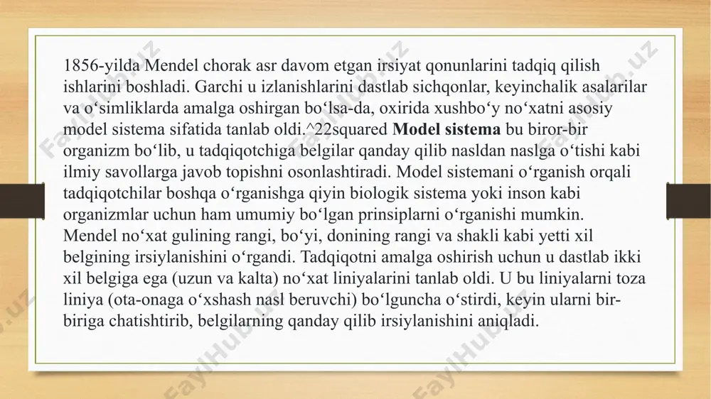 ilarni ajratib olgan. mendel qoidalaridagi oʻzgaruvchanlik bitta genni qamrab oladi. ular quyidagilarni oʻz ichiga oladi: koʻp allellik. mendel noʻxat oʻsimligida genlarning ikkita allelini oʻrgangan boʻlsa-da, koʻp hollarda organizmlarda bir gen ikkitadan ortiq allelga ega boʻlishi mumkin. chala dominantlik. ikki xil allelning birga kelishi bir belgini toʻliq yuzaga chiqarish oʻrniga oraliq fenotipni namoyon qilishi mumkin. kodominantlik. fenotipni namoyon qilishda bitta allel oʻrniga ikkita allelning barobar yuzaga chiqishi. pleyotropiya. bir gen bitta emas, balki bir nechta belgiga taʼsir etishi mumkin. letal allellar baʼzi allellar gomozigota yoki geterozigota holatda organizm yashovchanligini kamaytirishi mumkin. jinsga birikish. jinsiy xromosomalarda, masalan, x xromosomada joylashgan genlar autosomada joylashgan (jinsiy boʻlmagan) genlardan farqli irsiylanishi mumkin. e`tiboringiz uchun rahmat!!! image5.png image6.png image7.png image8.png image9.png image10.jpg image3.png image4.png /docprops/thumbnail.jpeg