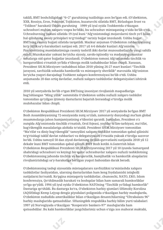 ka ijtimoiy hayotidagi demokratik jarayonga ta’sir qilish kabilar tashkil etadi va respublika tashqi siyosati tinchlik va xavfsizlik uchun umumjahon e’tirof etgan ochiq yakdillik talablariga asoslanadi. 1992 yil 2 martda o‘zbekiston xalqaro munosabatlarning to‘la huquqli sub’ekti sifatida birlashgan millatlar tashkilotiga a’zo bo‘lib dunyo miqyosida tan olindi. bu voqea respublikaning mustaqil davlat sifatida xalqaro hamjamiyatda munosib o‘rin olishda ham katta ahamiyatga ega bo‘ldi. 1993 yil fevral oyiga kelib toshkentda bmt vakolatxonasi ochildi. xolid malik bmtning o‘zbekistondagi vakili etib tayinlandi. o‘zbekiston bmtning to‘laqonli a’zosi sifatida birlashgan millatlar tashkilotining yig‘ilishlarida ishtirok etishi bilan o‘zining xalqaro hamjamiyatga kirish jarayonini davom ettirdi. o‘zbekiston rahbariyatining dunyodagi global muammolarga jahon miqyosida e’tiborini qaratishi o‘zbekistonning tashqi siyosatda tutgan aniq o‘rnini belgilab berdi. chunonchi, 1993 yil birlashgan millatlar tashkiloti bosh assambleyasining 48-sessiyasidagi ma’ruzasida o‘zbekiston respublikasi birinchi prezidenti i.a.karimovning ilgari surgan birinchi xalqaro tashabbusi o‘zbekistonning xalqaro miqyosdagi adolatparvar siyosatidan darak berdi. o‘zbekiston respublikasi birinchi prezidenti i.a.karimov 1995 yil bmtning ellik yilligi …