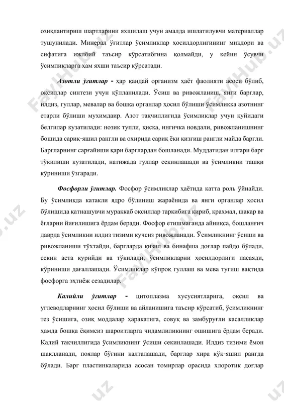 рангли ва охирида сариқ ёки қизғиш рангли майда баргли. баргларнинг сарғайиши қари барглардан бошланади. муддатидан илгари барг тўкилиши кузатилади, натижада гуллар секинлашади ва ўсимликни ташқи кўриниши ўзгаради. фосфорли ўғитлар. фосфор ўсимликлар ҳаётида катта роль ўйнайди. бу ўсимликда катакли ядро бўлиниш жараёнида ва янги органлар ҳосил бўлишида қатнашувчи мураккаб оқсиллар таркибига кириб, крахмал, шакар ва ёғларни йиғилишига ёрдам беради. фосфор етишмаганда айниқса, бошланғич даврда ўсимликни илдиз тизими кучсиз ривожланади. ўсимликнинг ўсиши ва ривожланиши тўхтайди, баргларда қизил ва бинафша доғлар пайдо бўлади, секин аста қурийди ва тўкилади, ўсимликларни ҳосилдорлиги пасаяди, кўриниши дағаллашади. ўсимликлар кўпроқ гуллаш ва мева тугиш вақтида фосфорга эҳтиёж сезадилар. калийли ўғитлар - цитоплазма хусусиятларига, оқсил ва углеводларнинг ҳосил бўлиши ва айланишига таъсир кўрсатиб, ўсимликнинг тез ўсишига, озиқ моддалар ҳаракатига, совуқ ва замбуруғли касалликлар ҳамда бошқа ёқимсиз шароитларга чидамлиликнинг ошишига ёрдам беради. калий тақчиллигида ўсимликнинг ўсиши секинлашади. илдиз тизими ёмон шаклланади, поялар бўғини калталашади, барглар хира кўк-яшил рангда бўлади. барг …