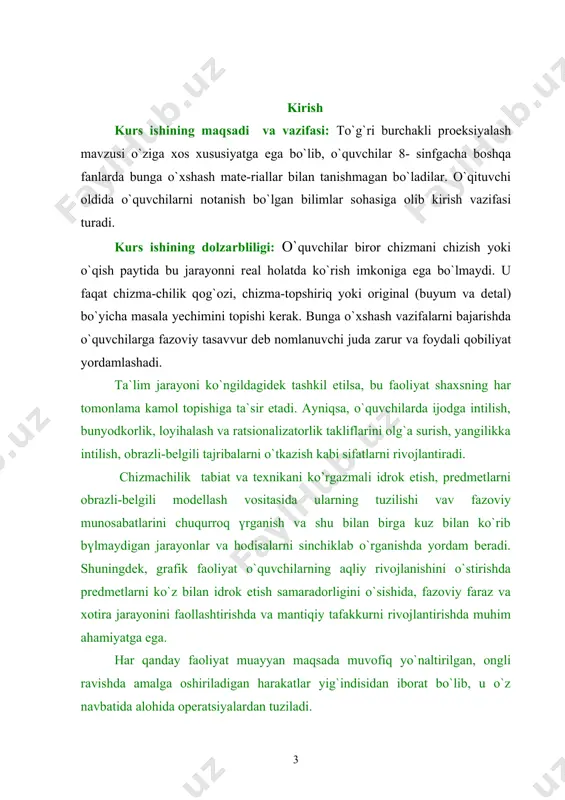 g`langan aqliy operatsiyalarning salmog`i sezilarli darajada oshib bormoqda. ishlab chiqarishga elektron xisoblash qurilmalari va programmali boshqarilagidan mashinalarning kiritilishi bilan bu operatsiyalar murakkablashib bormoqda.agar jamiyat ishlab chiqarish kuchlari rivojlanishining muayyan bosqichlarida insonning grafik savodxonligi ob`ektlarning grafik modellariga ko`ra ish olib borish uquvi bilan belgilangan bo`lsa, hozirgi davrga kelib abstrakt va simvolik shaklda sxematik va belgili modellar bilan tez-tez ish ko`rishga to`g`ri kelmoqda.hozirgi vaqta insonning grafik tayyorgarlik saviyasi grafik tasvirlar yasash texnikasini egallash daradasi bilan emas, balki uni obrazdi-belgili modellarni fikran amlashtirishga qay darajada tayyor ekanligi uning obrazli tafakkuri bilan aniqlanadi. inson faoliyatida texnikaning roli chuqurroq tahlil qilib ko`rilsa, quyidagi ikki xulosaga kelish mumkin. birinchidan, insonning obrazli tafakkur qilish qobiliyatini rivojlanishiga, uning fazoviy tasavvurini qo`zg`aluvchanligiga bo`lgan talablar oshib bormoqda.bunday rivojlanishning muvaffaqiyati ta`limning mazmuni va o`qitish metodlarini takomillashtirilishiga bog`liq. hech bir o`quv predmeti o`kuvchilarning fazoviy tasavvurini chizmachilikdek rivojlantira olmaydi. so’ngra, predmetning fazoviy xususiyati va munosabatlari haqida axborotlar berish va ularni saqlashda grafik vositalarning …