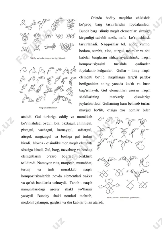 boshqa gul turlari kiradi. novda - o‘simliksimon naqsh elementi sirasiga kiradi. gul, barg, mevabarg va boshqa elementlarini o‘zaro bog‘lab biriktirib to‘ldiradi. namoyon ruta, morpech, munabbat, turunj va turli murakkab naqsh kompozitsiyalarida novda elementlari yakka va qo‘sh bandlarda uchraydi. tanob - naqsh namunalaridagi asosiy shakl yo‘llarini yasaydi. bunday shakl nomlari mehrob, medohil qalampir, gardish va shu kabilar bilan ataladi. madohil – islimiy naqsh elementi. madohil lola, tumor, uchburchak ko‘rinishini eslatuvchi shakllar misolida uchraydi. shkufta – islimiy naqsh elementi. qisqacha shkuft deb ham ataladi. shkufta asosiy shakl yasovchi elementlarni kurtak – gajak ko‘rinishlarida o‘zaro bog‘laydi. ramziy naqshlar – kabutar, sher, baliq, davlat gerbi va boshqalarning stillashtirib tasvirlangan elementlaridan tashkil topadi. ota-bobolarimizning qadimiy obidalarini nafis naqshlar bilan bezar ekanlar zavq bilan bir qatorda ular orqali o‘z orzu umidlarini, muhabbatlarini, tilaklarini kuylaganlar. naqqosh, ota-bobolarimiz inson ruhiyatini juda chuqur va har taraflama o‘rganib ularni ajoyib naqshu nigorlar bilan boyitganlar. naqshlangan uyda kishilar hotirjam, osoyishtalik og‘ushida …