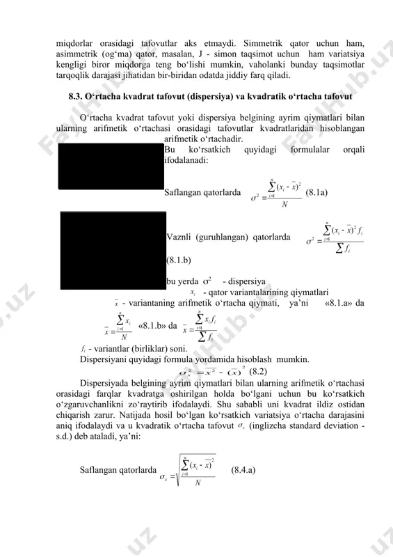 rida u olgan miqdoriy qiymatlar o‘rtasidagi farqlardan chetlanib, ularni tekislab (silliqlab) muayyan hodisalar to‘plamining rivojlanish qonuniyatlarini yoritadi. bu - taqsimot qatorlarini tahlil qilishning bir tomoni. mazkur masalaning ikkinchi tomoni qator variatsiyasini, o‘rganilayotgan belgi miqdoriy qiymatlari o‘rtasidagi farqlarni sinchiklab o‘rganishdan, ularni umumlashtiruvchi ko‘rsatkichlarni hisoblab, taqsimot qatoriga xos og‘uvchanlik, bo‘yiga cho‘ziluvchanlik yoki ayrim oraliqlarda birliklar to‘planishi (kontsentratsiyalanishi) kabi xususiyatlarni aniqlashdan iborat. bu ko‘rsatkichlarda ommaviy hodisa va jarayonlarning sifat aniqligi va xususiyatlari ham namoyon bo‘lishini hisobga olsak, u holda masalaning mazkur tomoni nazariy va amaliy jihatdan qanchalik katta ahamiyat kasb etishi haqida tasavvur hosil qilish qiyin emas. to‘plamda biror belgi qiymatlarining variatsiyasi deganda ayni zamon va makon sharoitida belgi miqdorlarining to‘plam birliklari bo‘yicha farqlanishi, o‘zgaruvchanligi tushuniladi. to‘plam birliklari turli muhitda harakat qiladi va natijada variatsiya vujudga keladi. demak, variatsiya sababi - sharoitlarning xilma-xilligi, ularda ko‘pdan-ko‘p omil va kuchlar mavjudligi va turlicha amal qilib, natijaga har xil me’yorda ta’sir etishidir. ayrim belgilarni hisobga olmasak, …