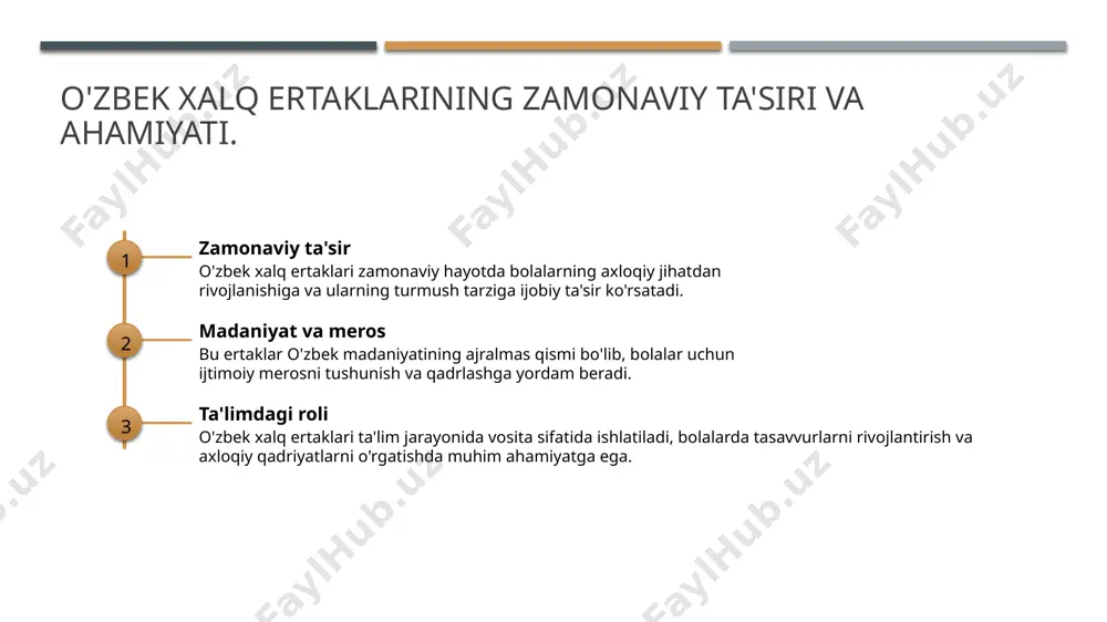 rning roli ertaklar bolalar uchun muloqot vositasi bo'lib, ularning tasavvurlarini rivojlantiradi va hayotiy ko'nikmalarni o'rganishga yordam beradi. 2 o'qish va o'rganish ertaklar orqali bolalar hikoyalar o'qish va tinglash jarayonida o'z fikrlarini ifodalashni, savol berishni va javob topishni o'rganadilar. 3 emotsional rivojlanish ertaklar bolalarning hissiyotlarini tushunish va boshqalar bilan empatiya qilish qobiliyatini oshiradi, bular esa muloqotda muhim omillardir. 4 ijtimoiy qobiliyatlar muloqot jarayonida bolalar bir-birlari bilan fikr almashish, bahslashish va hamkorlik qilish orqali ijtimoiy qobiliyatlarini rivojlantiradilar. bolalar ongida axloqiy qadriyatlarni shakllantirish. 1 ertaklarning roli ertaklar bolalar ongida axloqiy qadriyatlarni shakllantirishda muhim rol o'ynaydi, chunki ular hikoyalar orqali yaxshi va yomonni ajratishga yordam beradi. 2 qahramonlar va darslar o'zbek xalq ertaklaridagi qahramonlar, o'zining xatti-harakatlari bilan, bolalarga axloqiy darslar berib, to'g'ri va noto'g'ri yo'llarni ko'rsatadi. 3 o'ziga xos axloqiy qadriyatlar ertaklar orqali bolalarda mehr, hurmat, va adolat kabi axloqiy qadriyatlar shakllanadi, bu esa ularning shaxsiy rivojlanishiga ijobiy ta'sir ko'rsatadi. ertaklarning bolalar psixologiyasiga ta'siri …