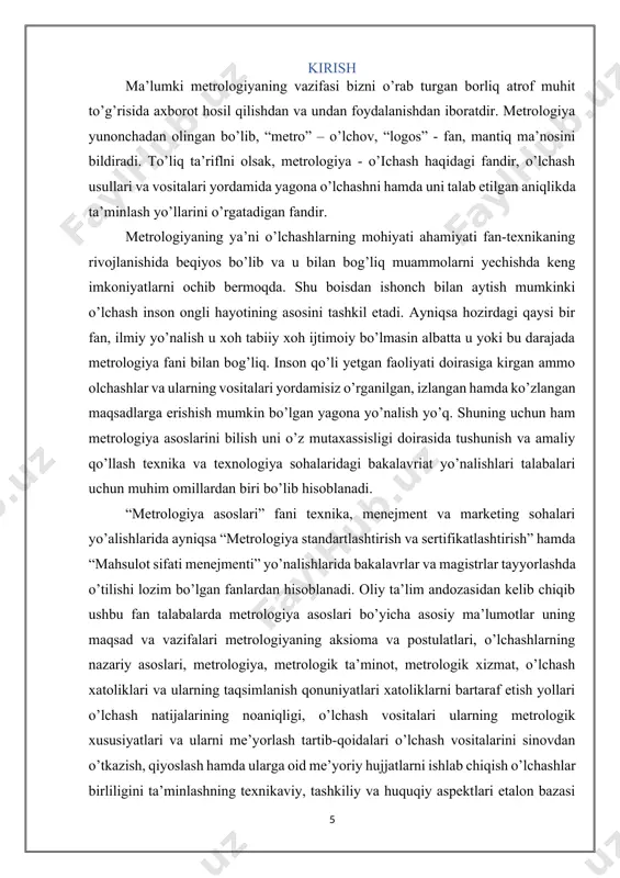 ma’lum struktura, o’lchash vositalari va eksperiment o’tkazishning aniq yo’li, algoritmi yordamida bajarilish, amalga oshirilish usulidir. o’lchash tizimi - bu boshqariladigan muhitga xos bo’lgan bir yoki bir nechta fizik kattaliklarni o’lchash uchun mo’ljallangan hamda shu muhitning turli nuqtalarida joylashgan va funksional jihatdan birlashtirilgan o’lchovlar, o’lchash asboblari, o’lchash vositasi, elektron hisoblash mashinalari va boshqa texnik vositalar jamlanmasidir. o’lchash obyekti o’lchash jarayoni o’lchash operatori o’lchash vositasi o’lchash natijasi 1-jadval. o’lchash jarayoni sxemasi. o’lchash odatda o’lchashdan ko’zlangan maqsadni (izlanayotgan kattalikni) aniqlashdan boshlanadi, keyin esa shu kattalikning tavsifini tahlil qilish asosida bevosita o’lchash ob’yekti (o’lchanadigan kattalik) aniqlanadi. o’lchash jarayoni yordamida esa shu o’lchash ob’yekti to’g’risida informatsiya hosil qilinadi va nihoyat ba’zi matematik qayta ishlash yo’li bilan o’lchash maqsadi haqida yoki izlanayotgan kattalik haqida informatsiya (o’lchash natijasi) olinadi. o’lchash birliligining sifat ko’rsatkichlar o’lchashlarning to’g’riligi - o’lchash natijalaridagi muntazam xatoligini nolga yaqinligini aks ettiruvchi o’lchah sifati. o’lchash natijalarining yaqinlashuvi – bir xil sharoitda bajariladigan o’lchash natijalarining bir-biriga …