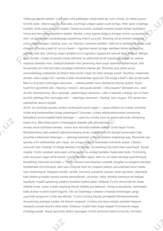 alar, oybek asarlarining ruhidan uzoq mulohazalar. maqolani shu ahvolda davom ettirishning ma’nisi yo‘q edi. yozishni to‘xtatib o‘ylay boshladim. bu orada eski dardim qo‘zg‘ab, shifoxonaga yotishga majbur bo‘ldim. og‘riq kuchaygandan kuchaydi. ko‘rgani kelgan do‘stu yoron «xudo dardni sevgan bandasiga yuboradi» deb menga tasalli berishardi. kimdir: «xudo bandasiga chiday olmaydigan dard yubormaydi» deb meni sabr-bardoshga chaqirdi. shifoxonaga yotganimdan ikki-uch kun o‘tgach, dorilar o‘tkirlik qildimi yo boshqa sababdanmi, ancha og‘irlashib qoldim. hattoki xotin bilan rozi-rizolik ham tilashib oldik. qo‘rqinchli va og‘riqli kunlardan biri boshlandi. og‘riqdan chalg‘ish uchun yana har narsalarni yoza boshladim. nazarimda, sira oqarib tong otmayotgan bu tun hayotimdagi oxirgi tun bo‘ladigandek edi. bilmadim, keyin uxlab qoldimmi yoki bosinqiray boshladimmi — harqalay, xonamning eng qorong‘i burchagidan bir maxluq o‘rmalab chiqqanday bo‘ldi va menga qarab karnaydan chiqayotganga o‘xshash ovozda «hali fursating bitgani yo‘q, hali zimmangda ishlaring bor», deganday bo‘ldi. uch-to‘rt to‘lg‘onganimdan keyin, angladimki, bugungi tun hali oxirgisi emas ekan. shunday qilib, ajalning ko‘ziga …
