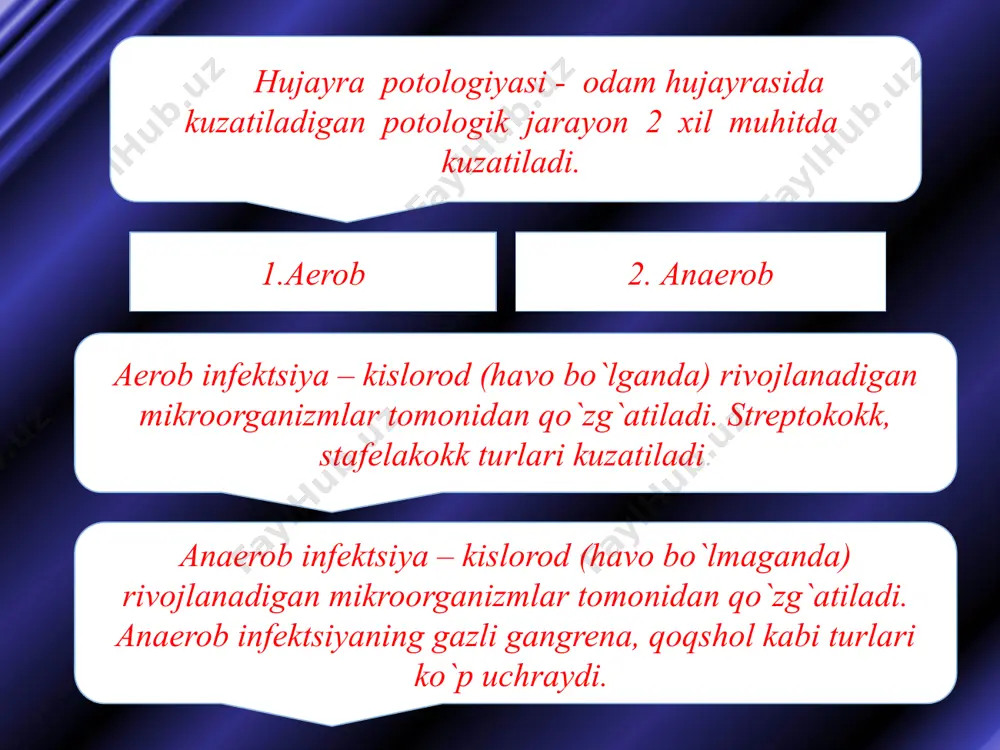 roq orqa miyasi shikastlangan bemorlarda kuzatiladi. gazli gangrena - gazli gangrenaning rivojlanishida shikastlangan va nekrotik yumshoq to`qimalarning borligi hamda qon aylanishini bo`zilishi katta ahamiyatga ega. kasallik ko`pincha muskullarga ko`p shikast yetganda, ifloslanganda rivojlanadi. inkubatsion davri 7 kungacha davom etadi. to`qimalarning irishi va to`qimalarda mikroblar ajratadigan toksinlar ta`sirida gaz hosil bo`lishi bilan ta`riflanadi. jarohatda kuchli og`riq bo`lib, yumshoq to`qimalar shishib ketadi. to`qimani barmoq bilan bosganda gaz pufakchalari ajralib chiqadi. staz - lotincha stasis-to`xtab qolish degan so`zdan olingan. masalan : qon stazi - qon aylanishi buzilshining bir turi bo`lib , kapilyarlar, mayda venalarda qon oqishi sekinlashadi va to`xtab qoladi. stazning kelib chiqishiga qarab 2 turi tafovut qilinadi. 1. infektsion staz. 2. dimlangan staz. infektsion staz ko`pincha bolalarda bosh miya kapiliyarlarida, o`tkir yuqumli kasalliklarda (meningit ) polimelitda ko`p uchraydi. staz oqibatida bemor ko`pincha xushidan ketadi. dimlangan staz esa yurak paroklarida uchraydi. stazlar – bosh miya va yurak stazlarida xavflidir. emboliya emboliya – qon …