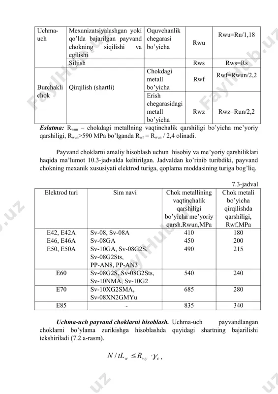 ntirishi kerak. , bu yerda (wx va (wu- uzaro tik yo’nalishdagi normalь kuchlanishlar; (wxu- payvand chokdagi urinma kuchlanish. 7.2-rasm. uchma-uch payvand choklarni hisoblashga doir burchakli choklarni hisoblash. burchakli choklar yonbosh va ro’para chok ko’rinishda bo’lishi mumkin. o’zaro payvandlanuvchi po’latlar qirrasi bo’ylab payvandlansa burchakli chok hosil bo’ladi. yonbosh choklar ta’sir etuvchi kuchga parallel yo’nalishda hosil qilinadi va kesimning eni bo’ylab kuchlanishlar notekis taqsimlanadi. chokning uzunligi bo’ylab kuchlanishlar xar xil bo’lib, chokning chekka qismida eng katta qiymatlarga erishadi (7.3-rasm), shuning uchun yonbosh chokli birikmalarning buzilishi asosiy metall yoki chok metalining chekka kesimida sodir bo’lishi ko’prok kuzatiladi (sd kesim). ro’para choklar asosan bo’ylama zurikishga, qirqilish va egilishga ishlaydi. chokning qalinligi kichik bo’lgani sababli, kuchlanishlar to’planishi qalinlik bo’ylab katta qiymatga erishib, notekis tarqaladi. 7.3-rasm. yonbosh choklardagi kuchlanishlar yonbosh va ro’para choklar aralash holda ijro etilsa, payvand birikmada kuchlanishlar tekis taqsimlanishi mumkin. aralash payvandlangan birikmalarning ba’zi namunalari 7.4-rasmda kursatilgan. 7.4-rasm. aralash payvandlangan birikmalar 7.4 a-rasmda …