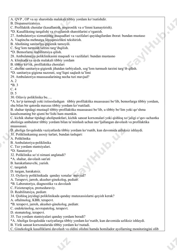 urakkab tibbiy manipulyatsiyasi, mutaxassis shifokor tomonidan amalga oshiriladi: terapevt, jarroh, pediatr. *c. o‘rta tibbiyot xodimlari tomonidan amalga oshiriladi. d. o‘z-o‘ziga yordam, o‘zaro yordam, tibbiy o‘qituvchining yordami, bir qator "ijtimoiy" kasblarning maxsus o‘qitilgan vakillari - politsiyachi, o‘t o‘chiruvchi, styuardessa. 18. birinchi shifokor yordamni kim ko‘rsatadi? a. terapevtik yoki jarrohlik profilining murakkab tibbiy manipulyatsiyasi, mutaxassis shifokor tomonidan amalga oshiriladi: terapevt, jarroh, pediatr. b. o‘rta tibbiyot xodimlari tomonidan amalga oshiriladi. c. o‘z-o‘ziga yordam, o‘zaro yordam, tibbiy o‘qituvchining yordami, bir qator "ijtimoiy" kasblarning maxsus o‘qitilgan vakillari - politsiyachi, o‘t o‘chiruvchi, styuardessa. *d. eng oddiy tibbiy davolash-profilaktika va sanitariya-gigiena chora tadbirlari. 19. malakali tibbiy yordamni kim ko‘rsatadi? *a. terapevtik yoki jarrohlik davolash muassasalarida terapevt, jarrox, pediatr va boshqalar murakkab tomonidan amalga oshiriladigan murakkab tibbiy muolajalar. b. o‘rta tibbiyot xodimlari tomonidan amalga oshiriladi. c. o‘z-o‘ziga yordam, o‘zaro yordam, tibbiy o‘qituvchining yordami, bir qator "ijtimoiy" kasblarning maxsus o‘qitilgan vakillari - politsiyachi, o‘t o‘chiruvchi, styuardessa. d. eng oddiy …