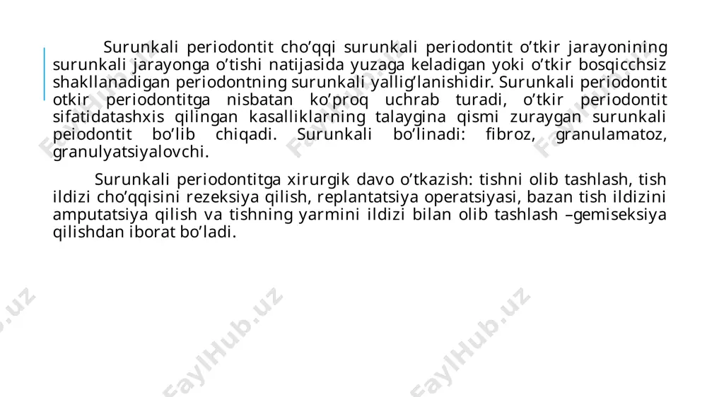 appa aparati yordamida 2-3 haftaga fiksatsiya qilinadi. operatsiyadan kiyingi davrda metindol, analgin, amidopirin va boshqa preparatlardan foydalaniladi. tish ildizi cho’qqisini rezeksiya qilish operatsiya o’tkazuvchan va infiltratsion anesteziya ostida o’tkaziladi. alveolar o’siqning tashqi tomonidan yoysimon, chiziqli, burchaksimon yoki trapetsiyasimon kesma o’tkaziladi. kesmani jaroxat tikilganda kesma chizig’i trepanatsion teshik sathidan o’tmasligini, laxtak esa uni o’z chekkalari bilan yopib turishini hisobga olgan xolda rejalashtiriladi. image2.jpeg image3.jpeg image4.jpeg image5.jpeg image6.jpeg /docprops/thumbnail.jpeg