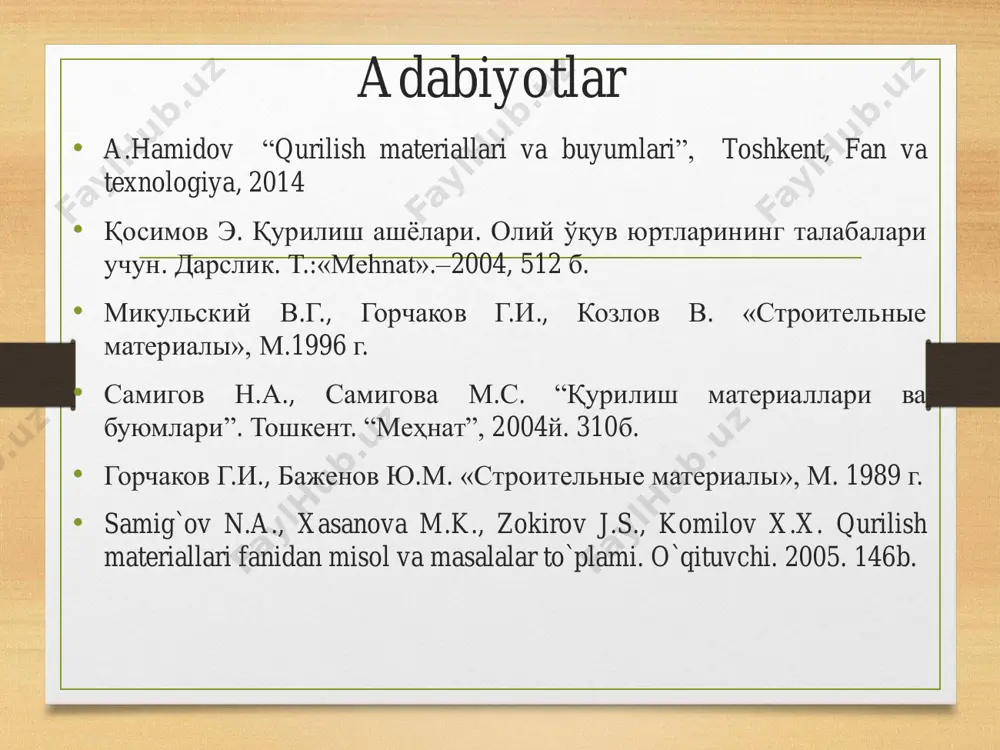 chiqazish zich silikat beton buyumlar asbest-sement buyumlami magnezial bog‘lovchilar asosida tayyorlanadigan buyumlar mineral bog‘lovchi moddalar ishlab chiqarish texnologiyasi mahso’lotning turiga bo’linadi silikat g‘isht va silikat beton ishlab chiqazish - eng ko‘p tarqalgan silosli sxema bo‘yicha ohak qum bilan birgalikda aralashtirib 4—8 soat davomida silos (erosti inshooti) larda so'ndiriladi. chambarakga 0,5 mpa (ortiqcha) bosim ostida bug‘ yuboriladi, shu tufayli so‘ndirish jarayoni 30—40 minut davom etadi. ana shu usullarda so‘ndirilgan massa qo'shimcha ravishda namlash, aralashtirish va guvalachalarni maydalash uchun kurakli aralashtirgichga yoki yanchish mashinasiga yuboriladi. presslarda 15—20 mpa bosim ostida tayyorlangan massadan xom g‘ishtlar zichlanadi. u vagonchalarda taxlanadi va 175°c haroratda 0,8 mpa (o‘ta katta) bosim ostida bug‘lash uchun avtoklavlarga yo‘naltiriladi. bug‘lash jarayoni 10—14 soat davom etadi. zich silikat beton buyumlar quyidagi texnologik sxema bo‘yicha tayyorlanadi: so‘ndirilmagan guvala ohakni maydalash, ohak, qum va gipsni me’yorlash va sharli tegirmonda tuyish yo‘li bilan ohak-qum bog‘lovchi va suv bilan aralashtiradigan beton qorgichda silikatobeton qorishmasini tayyorlash, …