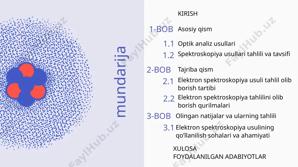 rasidagi bogʻliqlikni oʻrganuvchi ilmiy sohadir. tarixan, spektroskopiya oq yorugʻlikning shaffof jismlardan oʻtayotib, toʻlqin uzunliklari turli boʻlgan ranglarga ajralishini kuzatishdan boshlangan. keyinchalik ushbu konsept nafaqat koʻrinuvchi yorugʻlik, balki har qanday elektromagnit nurlanishning modda bilan oʻzaro taʼsirlanishini oʻz ichiga qamrab oldi. spektroskopik maʼlumot odatda spektr yordamida beriladi. kirish spektroskopiyaning paydo boʻlishi (i. nyuton birinchi bor quyosh nurlarini spektrga ajratgan vaqti) 1666 yillarga toʻgʻri keladi. asosan, 19-asrning boshidan spektral sistematik ravishda oʻrganilgan. spektroskopiya maʼlum belgilarga koʻra, mas, elektromagnit toʻlqinlarning toʻlqin uzunligiga koʻra radiospektroskopiya (radiotoʻlqin sohasi), optik spektroskopiya, rentgen spektroskopiyasi va h.k., tekshirilayotgan tizimlarning xiliga qarab atom spektroskopiyasi, molekulyar spektroskopiya va boshqa boʻlimlarga boʻlib qaraladi optik analiz usullatri atom spektroskopiyasi spektrlarni tahlil qilish yoʻli bilan atom elektronlari qobiqlarining tuzilishini aniqlash; spektral chiziqlarning oʻta nozik strukturasini oʻrganish orqali atom yadrolarining momentlari haqida maʼlumotga ega boʻlish; spektral chiziqlarning ravshanligi, yutilishi, kengayishi va surilishi orqali atomlar hosil qilgan muhitning xossalarini oʻrganish bilan shugʻullanadi. kristallar spektroskopiyasi da kristallardagi …